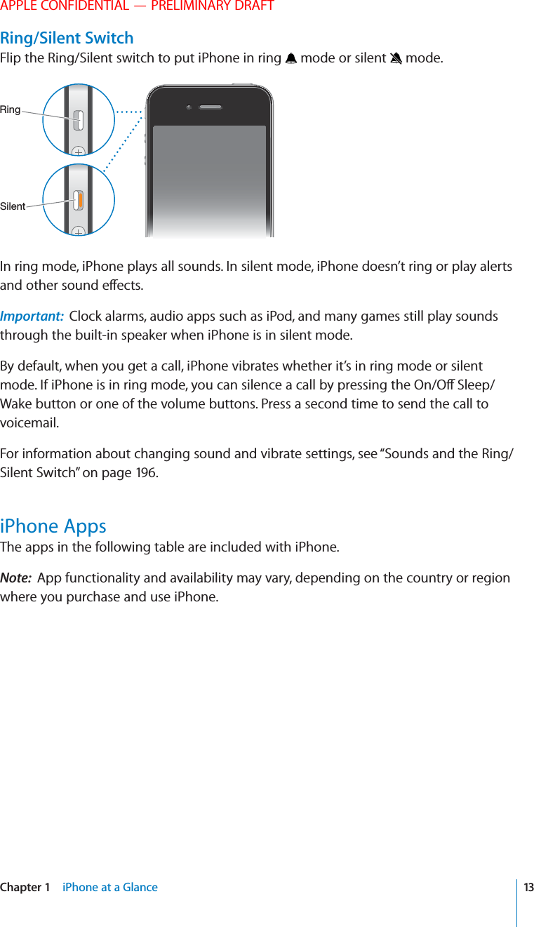 APPLE CONFIDENTIAL — PRELIMINARY DRAFTRing/Silent SwitchFlip the Ring/Silent switch to put iPhone in ring   mode or silent   mode.).&apos;),%.3In ring mode, iPhone plays all sounds. In silent mode, iPhone doesn’t ring or play alerts Important:  Clock alarms, audio apps such as iPod, and many games still play sounds through the built-in speaker when iPhone is in silent mode.By default, when you get a call, iPhone vibrates whether it’s in ring mode or silent Wake button or one of the volume buttons. Press a second time to send the call to voicemail.For information about changing sound and vibrate settings, see “Sounds and the Ring/Silent Switch” on page 196.iPhone AppsThe apps in the following table are included with iPhone.Note:  App functionality and availability may vary, depending on the country or region where you purchase and use iPhone.13Chapter 1    iPhone at a Glance