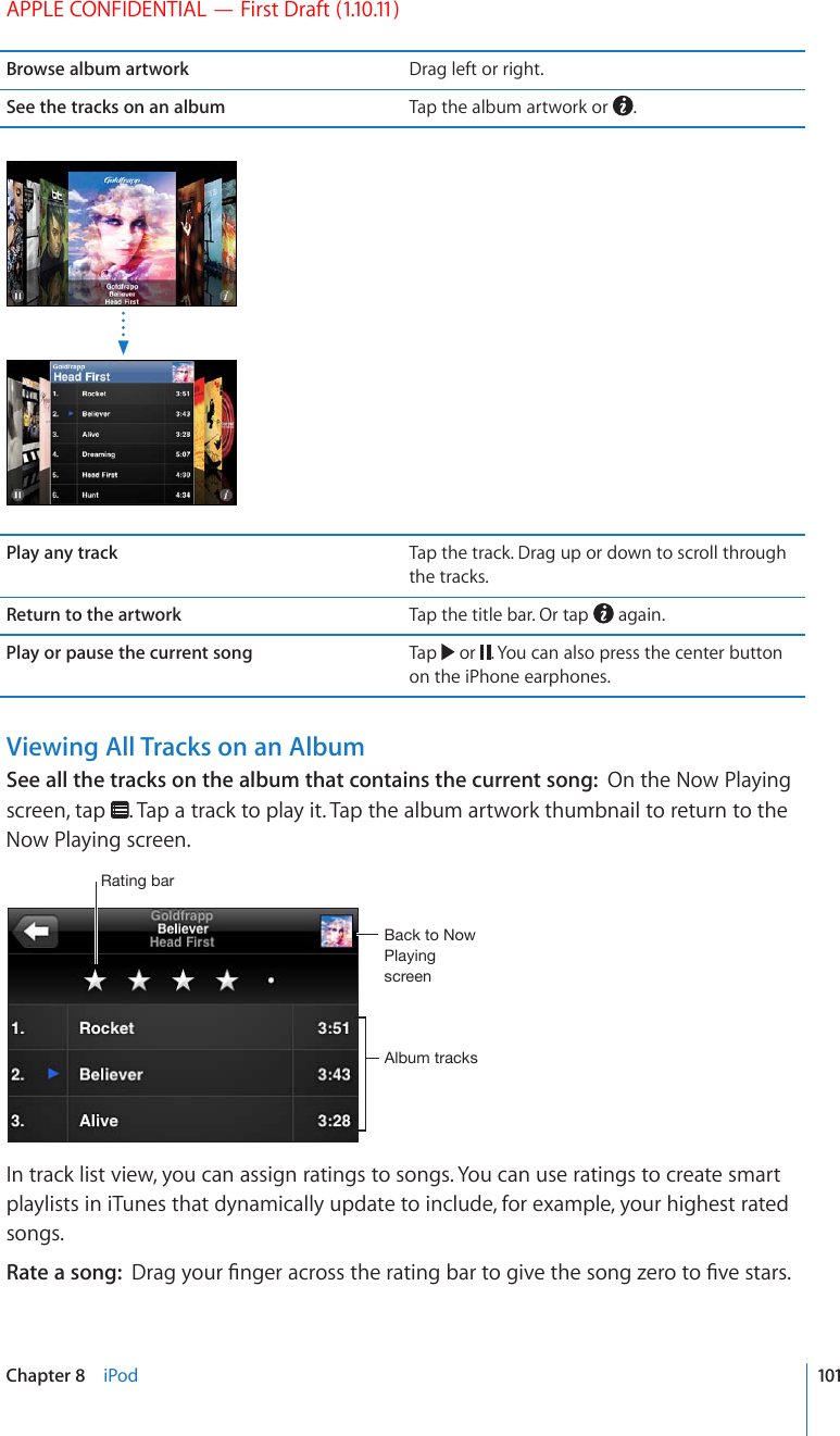 APPLE CONFIDENTIAL — First Draft (1.10.11)Browse album artwork Drag left or right.See the tracks on an album Tap the album artwork or  .Play any track Tap the track. Drag up or down to scroll through the tracks.Return to the artwork Tap the title bar. Or tap   again.Play or pause the current song Tap   or  . You can also press the center button on the iPhone earphones.Viewing All Tracks on an AlbumSee all the tracks on the album that contains the current song:  On the Now Playing screen, tap  . Tap a track to play it. Tap the album artwork thumbnail to return to the Now Playing screen.9H[PUNIHY)HJR[V5V^7SH`PUNZJYLLU(SI\T[YHJRZIn track list view, you can assign ratings to songs. You can use ratings to create smart playlists in iTunes that dynamically update to include, for example, your highest rated songs.Rate a song:  &amp;TCI[QWT°PIGTCETQUUVJGTCVKPIDCTVQIKXGVJGUQPI\GTQVQ°XGUVCTU101Chapter 8    iPod