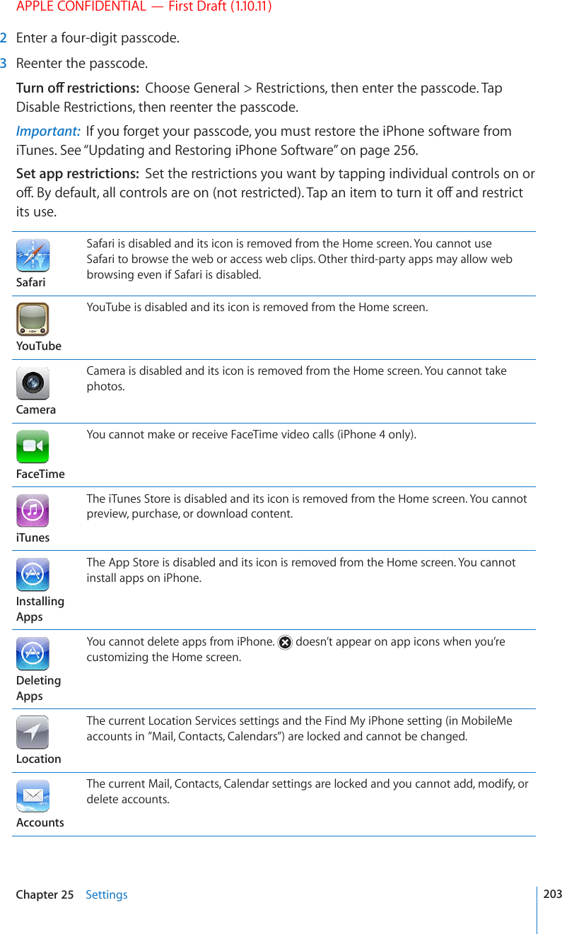 APPLE CONFIDENTIAL — First Draft (1.10.11)  2  Enter a four-digit passcode.   3  Reenter the passcode.6WTPQÒTGUVTKEVKQPUChoose General &gt; Restrictions, then enter the passcode. Tap Disable Restrictions, then reenter the passcode.Important:  If you forget your passcode, you must restore the iPhone software from iTunes. See “Updating and Restoring iPhone Software” on page 256.Set app restrictions:  Set the restrictions you want by tapping individual controls on or QÒ$[FGHCWNVCNNEQPVTQNUCTGQPPQVTGUVTKEVGF6CRCPKVGOVQVWTPKVQÒCPFTGUVTKEVits use.SafariSafari is disabled and its icon is removed from the Home screen. You cannot use Safari to browse the web or access web clips. Other third-party apps may allow web browsing even if Safari is disabled.YouTubeYouTube is disabled and its icon is removed from the Home screen.CameraCamera is disabled and its icon is removed from the Home screen. You cannot take photos.FaceTimeYou cannot make or receive FaceTime video calls (iPhone 4 only).iTunesThe iTunes Store is disabled and its icon is removed from the Home screen. You cannot preview, purchase, or download content.Installing AppsThe App Store is disabled and its icon is removed from the Home screen. You cannot install apps on iPhone.Deleting AppsYou cannot delete apps from iPhone.   doesn’t appear on app icons when you’re customizing the Home screen.LocationThe current Location Services settings and the Find My iPhone setting (in MobileMe accounts in ”Mail, Contacts, Calendars”) are locked and cannot be changed.AccountsThe current Mail, Contacts, Calendar settings are locked and you cannot add, modify, or delete accounts.203Chapter 25    Settings