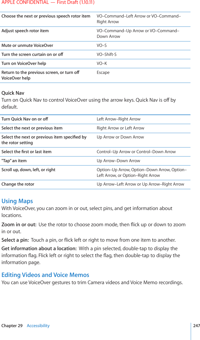 APPLE CONFIDENTIAL — First Draft (1.10.11)Choose the next or previous speech rotor item VO–Command–Left Arrow or VO–Command–Right ArrowAdjust speech rotor item VO–Command–Up Arrow or VO–Command–Down ArrowMute or unmute VoiceOver VO–S6WTPVJGUETGGPEWTVCKPQPQTQÒ VO–Shift-STurn on VoiceOver help 81£-4GVWTPVQVJGRTGXKQWUUETGGPQTVWTPQÒVoiceOver helpEscapeQuick Nav6WTPQP3WKEM0CXVQEQPVTQN8QKEG1XGTWUKPIVJGCTTQYMG[U3WKEM0CXKUQÒD[default.6WTP3WKEM0CXQPQTQÒ Left Arrow–Right ArrowSelect the next or previous item Right Arrow or Left Arrow5GNGEVVJGPGZVQTRTGXKQWUKVGOURGEK°GFD[the rotor settingUp Arrow or Down Arrow5GNGEVVJG°TUVQTNCUVKVGO Control–Up Arrow or Control–Down Arrow&quot;Tap” an item Up Arrow–Down ArrowScroll up, down, left, or right Option–Up Arrow, Option–Down Arrow, Option–Left Arrow, or Option–Right ArrowChange the rotor Up Arrow–Left Arrow or Up Arrow–Right ArrowUsing MapsWith VoiceOver, you can zoom in or out, select pins, and get information about locations.Zoom in or out:  7UGVJGTQVQTVQEJQQUG\QQOOQFGVJGP±KEMWRQTFQYPVQ\QQOin or out.Select a pin:  6QWEJCRKPQT±KEMNGHVQTTKIJVVQOQXGHTQOQPGKVGOVQCPQVJGTGet information about a location:  With a pin selected, double-tap to display the KPHQTOCVKQP±CI(NKEMNGHVQTTKIJVVQUGNGEVVJG±CIVJGPFQWDNGVCRVQFKURNC[VJGinformation page.Editing Videos and Voice MemosYou can use VoiceOver gestures to trim Camera videos and Voice Memo recordings.247Chapter 29    Accessibility