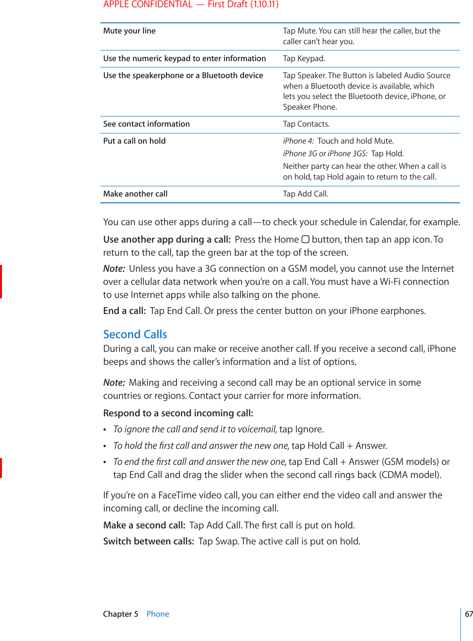 APPLE CONFIDENTIAL — First Draft (1.10.11)Mute your line Tap Mute. You can still hear the caller, but the caller can’t hear you.Use the numeric keypad to enter information 6CR-G[RCFUse the speakerphone or a Bluetooth device Tap Speaker. The Button is labeled Audio Source when a Bluetooth device is available, which lets you select the Bluetooth device, iPhone, or Speaker Phone.See contact information Tap Contacts.Put a call on hold iPhone 4:  Touch and hold Mute.iPhone 3G or iPhone 3GS:  Tap Hold.Neither party can hear the other. When a call is on hold, tap Hold again to return to the call.Make another call Tap Add Call.You can use other apps during a call—to check your schedule in Calendar, for example.Use another app during a call:  Press the Home   button, then tap an app icon. To return to the call, tap the green bar at the top of the screen.Note:  Unless you have a 3G connection on a GSM model, you cannot use the Internet over a cellular data network when you’re on a call. You must have a Wi-Fi connection to use Internet apps while also talking on the phone.End a call:  Tap End Call. Or press the center button on your iPhone earphones.Second CallsDuring a call, you can make or receive another call. If you receive a second call, iPhone beeps and shows the caller’s information and a list of options.Note:  Making and receiving a second call may be an optional service in some countries or regions. Contact your carrier for more information.Respond to a second incoming call:   To ignore the call and send it to voicemail, tap Ignore. 6QJQNFVJG°TUVECNNCPFCPUYGTVJGPGYQPGtap Hold Call + Answer. 6QGPFVJG°TUVECNNCPFCPUYGTVJGPGYQPGtap End Call + Answer (GSM models) or tap End Call and drag the slider when the second call rings back (CDMA model). If you’re on a FaceTime video call, you can either end the video call and answer the incoming call, or decline the incoming call.Make a second call:  6CR#FF%CNN6JG°TUVECNNKURWVQPJQNFSwitch between calls:  Tap Swap. The active call is put on hold.67Chapter 5    Phone