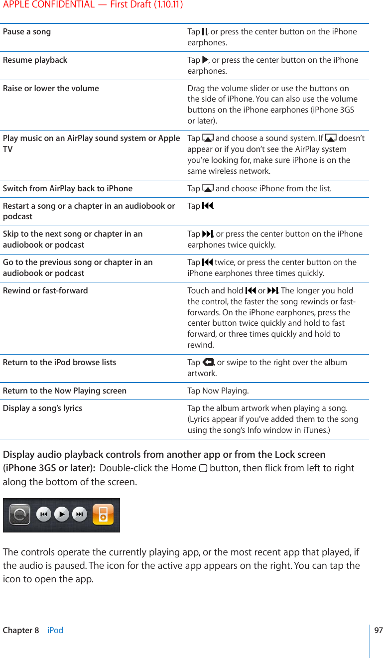 APPLE CONFIDENTIAL — First Draft (1.10.11)Pause a song Tap  , or press the center button on the iPhone earphones.Resume playback Tap  , or press the center button on the iPhone earphones.Raise or lower the volume Drag the volume slider or use the buttons on the side of iPhone. You can also use the volume buttons on the iPhone earphones (iPhone 3GS or later).Play music on an AirPlay sound system or Apple TVTap   and choose a sound system. If   doesn’t appear or if you don’t see the AirPlay system you’re looking for, make sure iPhone is on the same wireless network.Switch from AirPlay back to iPhone Tap   and choose iPhone from the list.Restart a song or a chapter in an audiobook or podcastTap  .Skip to the next song or chapter in an audiobook or podcastTap  , or press the center button on the iPhone earphones twice quickly.Go to the previous song or chapter in an audiobook or podcastTap   twice, or press the center button on the iPhone earphones three times quickly.Rewind or fast-forward Touch and hold   or  . The longer you hold the control, the faster the song rewinds or fast-forwards. On the iPhone earphones, press the center button twice quickly and hold to fast forward, or three times quickly and hold to rewind.Return to the iPod browse lists Tap  , or swipe to the right over the album artwork.Return to the Now Playing screen Tap Now Playing.Display a song’s lyrics Tap the album artwork when playing a song. (Lyrics appear if you’ve added them to the song using the song’s Info window in iTunes.)Display audio playback controls from another app or from the Lock screen (iPhone 3GS or later):  Double-click the Home  DWVVQPVJGP±KEMHTQONGHVVQTKIJValong the bottom of the screen.The controls operate the currently playing app, or the most recent app that played, if the audio is paused. The icon for the active app appears on the right. You can tap the icon to open the app.97Chapter 8    iPod