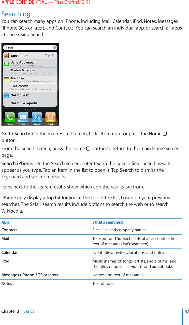 APPLE CONFIDENTIAL — First Draft (1.10.11)SearchingYou can search many apps on iPhone, including Mail, Calendar, iPod, Notes, Messages (iPhone 3GS or later), and Contacts. You can search an individual app, or search all apps at once using Search.Go to Search:  1PVJGOCKP*QOGUETGGP±KEMNGHVVQTKIJVQTRTGUUVJG*QOG  button.From the Search screen, press the Home   button to return to the main Home screen page.Search iPhone:  1PVJG5GCTEJUETGGPGPVGTVGZVKPVJG5GCTEJ°GNF5GCTEJTGUWNVUappear as you type. Tap an item in the list to open it. Tap Search to dismiss the keyboard and see more results.Icons next to the search results show which app the results are from. iPhone may display a top hit for you at the top of the list, based on your previous searches. The Safari search results include options to search the web or to search Wikipedia.App What’s searchedContacts First, last, and company namesMail 6Q(TQOCPF5WDLGEV°GNFUQHCNNCEEQWPVUVJGtext of messages isn’t searched)Calendar Event titles, invitees, locations, and notesiPod Music (names of songs, artists, and albums) and the titles of podcasts, videos, and audiobooksMessages (iPhone 3GS or later) Names and text of messagesNotes Text of notes47Chapter 3    Basics