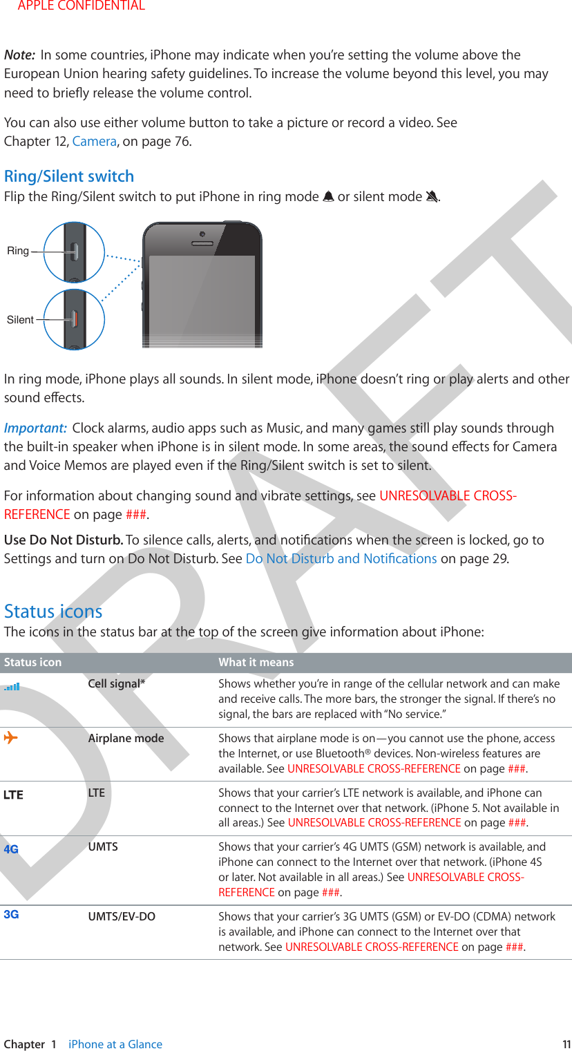 DRAFTChapter  1    iPhone at a Glance  11Note:  In some countries, iPhone may indicate when you’re setting the volume above the European Union hearing safety guidelines. To increase the volume beyond this level, you may You can also use either volume button to take a picture or record a video. See Chapter 12, Camera, on page 76.Ring/Silent switchFlip the Ring/Silent switch to put iPhone in ring mode   or silent mode  .RingRingSilentSilentIn ring mode, iPhone plays all sounds. In silent mode, iPhone doesn’t ring or play alerts and other Important:  Clock alarms, audio apps such as Music, and many games still play sounds through and Voice Memos are played even if the Ring/Silent switch is set to silent.For information about changing sound and vibrate settings, see UNRESOLVABLE CROSS-REFERENCE on page ###.Use Do Not Disturb. Settings and turn on Do Not Disturb. See  on page 29.Status iconsThe icons in the status bar at the top of the screen give information about iPhone:Status icon What it meansCell signal* Shows whether you’re in range of the cellular network and can make and receive calls. The more bars, the stronger the signal. If there’s no signal, the bars are replaced with “No service.”Airplane mode Shows that airplane mode is on—you cannot use the phone, access the Internet, or use Bluetooth® devices. Non-wireless features are available. See UNRESOLVABLE CROSS-REFERENCE on page ###.LTE Shows that your carrier’s LTE network is available, and iPhone can connect to the Internet over that network. (iPhone 5. Not available in all areas.) See UNRESOLVABLE CROSS-REFERENCE on page ###.UMTS Shows that your carrier’s 4G UMTS (GSM) network is available, and iPhone can connect to the Internet over that network. (iPhone 4S or later. Not available in all areas.) See UNRESOLVABLE CROSS-REFERENCE on page ###.UMTS/EV-DO Shows that your carrier’s 3G UMTS (GSM) or EV-DO (CDMA) network is available, and iPhone can connect to the Internet over that network. See UNRESOLVABLE CROSS-REFERENCE on page ###. APPLE CONFIDENTIAL