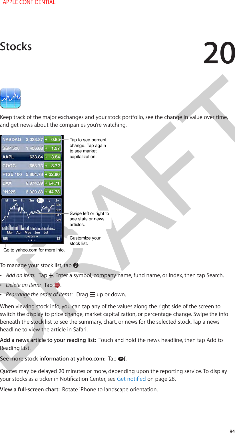 DRAFT2094Keep track of the major exchanges and your stock portfolio, see the change in value over time, and get news about the companies you’re watching.Tap to see percent change. Tap again to see market capitalization.Tap to see percent change. Tap again to see market capitalization.Customize your stock list.Customize your stock list.Go to yahoo.com for more info.Go to yahoo.com for more info.Swipe left or right to see stats or news articles.Swipe left or right to see stats or news articles.To manage your stock list, tap  .  •Add an item:   Tap  . Enter a symbol, company name, fund name, or index, then tap Search. •Delete an item:   Tap  . •Rearrange the order of items:   Drag   up or down.When viewing stock info, you can tap any of the values along the right side of the screen to switch the display to price change, market capitalization, or percentage change. Swipe the info beneath the stock list to see the summary, chart, or news for the selected stock. Tap a news headline to view the article in Safari.Add a news article to your reading list:  Touch and hold the news headline, then tap Add to Reading List.See more stock information at yahoo.com:  Tap  .Quotes may be delayed 20 minutes or more, depending upon the reporting service. To display your stocks as a ticker in Notication Center, see Get notied on page 28.View a full-screen chart:  Rotate iPhone to landscape orientation.Stocks  APPLE CONFIDENTIAL