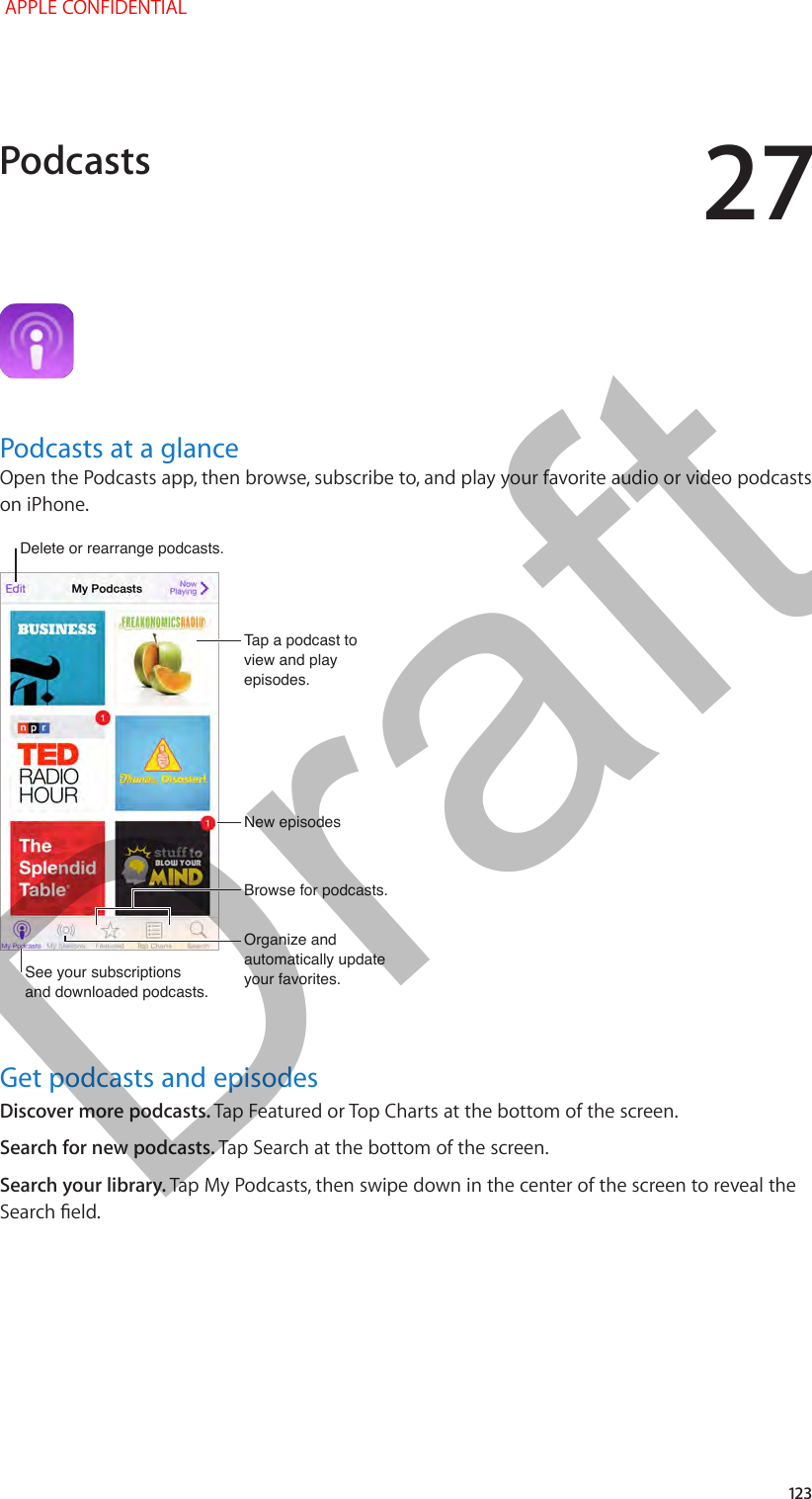 27   123Podcasts at a glanceOpen the Podcasts app, then browse, subscribe to, and play your favorite audio or video podcasts on iPhone.See your subscriptionsand downloaded podcasts.See your subscriptionsand downloaded podcasts.Delete or rearrange podcasts. Delete or rearrange podcasts. Tap a podcast to view and play episodes.Tap a podcast to view and play episodes.Organize and automatically update your favorites.Organize and automatically update your favorites.Browse for podcasts.Browse for podcasts.New episodesNew episodesGet podcasts and episodesDiscover more podcasts. Tap Featured or Top Charts at the bottom of the screen.Search for new podcasts. Tap Search at the bottom of the screen.Search your library. Tap My Podcasts, then swipe down in the center of the screen to reveal the Search eld.Podcasts APPLE CONFIDENTIALDraft