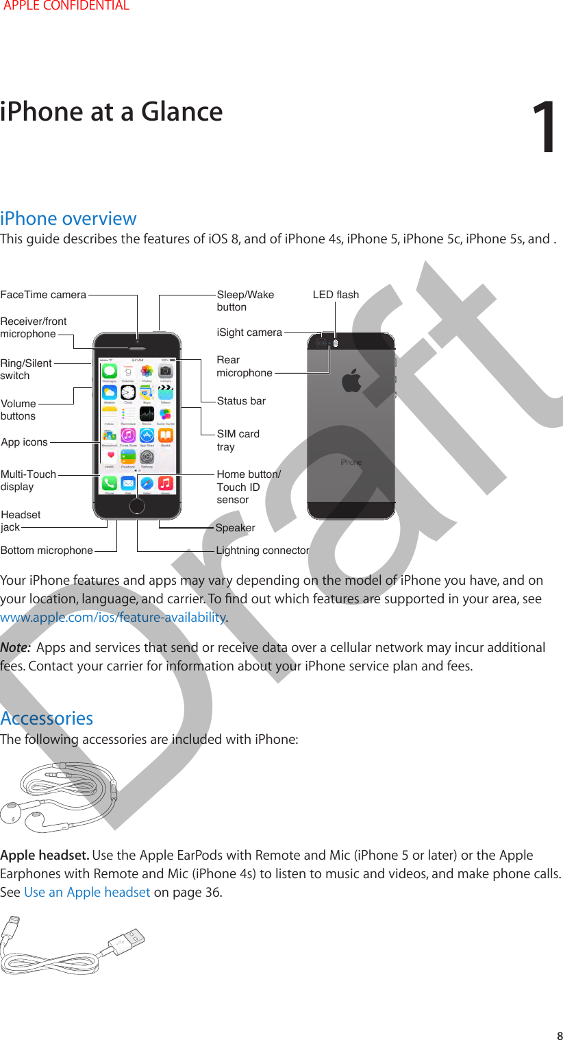 1   8iPhone overviewThis guide describes the features of iOS 8, and of iPhone 4s, iPhone 5, iPhone 5c, iPhone 5s, and . Receiver/frontmicrophoneReceiver/frontmicrophoneBottom microphoneBottom microphoneRing/SilentswitchRing/SilentswitchFaceTime cameraFaceTime cameraVolumebuttonsVolumebuttonsMulti-TouchdisplayMulti-TouchdisplayHomebutton/Touch IDsensorHomebutton/Touch IDsensorHeadsetjackHeadsetjackSleep/WakebuttonSleep/WakebuttonRearmicrophoneRearmicrophoneSIM cardtraySIM cardtrayLED flashLED flashiSight cameraiSight cameraApp iconsApp iconsStatusbarStatusbarLightning connectorLightning connectorSpeakerSpeakerYour iPhone features and apps may vary depending on the model of iPhone you have, and on your location, language, and carrier. To nd out which features are supported in your area, see www.apple.com/ios/feature-availability.Note:  Apps and services that send or receive data over a cellular network may incur additional fees. Contact your carrier for information about your iPhone service plan and fees.AccessoriesThe following accessories are included with iPhone:Apple headset. Use the Apple EarPods with Remote and Mic (iPhone 5 or later) or the Apple Earphones with Remote and Mic (iPhone 4s) to listen to music and videos, and make phone calls. See Use an Apple headset on page 36.iPhone at a Glance APPLE CONFIDENTIALDraft