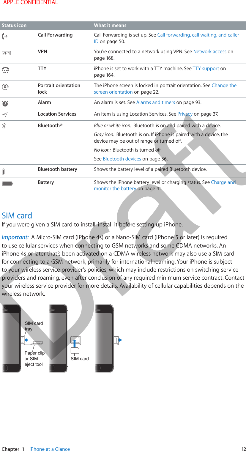   Chapter  1    iPhone at a Glance  12Status icon What it meansCall Forwarding Call Forwarding is set up. See Call forwarding, call waiting, and caller ID on page 50.VPN You’re connected to a network using VPN. See Network access on TTY iPhone is set to work with a TTY machine. See TTY support on Portrait orientation lockThe iPhone screen is locked in portrait orientation. See Change the screen orientation on page 22.Alarm An alarm is set. See Alarms and timers on page 93.Location Services An item is using Location Services. See PrivacyBluetooth® Blue or white icon:  Bluetooth is on and paired with a device. Gray icon:  Bluetooth is on. If iPhone is paired with a device, the No icon:  See Bluetooth devices on page 36.Bluetooth battery Shows the battery level of a paired Bluetooth device.Battery Shows the iPhone battery level or charging status. See Charge and monitor the batterySIM cardIf you were given a SIM card to install, install it before setting up iPhone.Important:  A Micro-SIM card (iPhone 4s) or a Nano-SIM card (iPhone 5 or later) is required to use cellular services when connecting to GSM networks and some CDMA networks. An iPhone 4s or later that’s been activated on a CDMA wireless network may also use a SIM card for connecting to a GSM network, primarily for international roaming. Your iPhone is subject to your wireless service provider’s policies, which may include restrictions on switching service providers and roaming, even after conclusion of any required minimum service contract. Contact your wireless service provider for more details. Availability of cellular capabilities depends on the wireless network.SIM cardSIM cardSIM cardtraySIM cardtrayPaper clipor SIMeject toolPaper clipor SIMeject tool APPLE CONFIDENTIALDraft