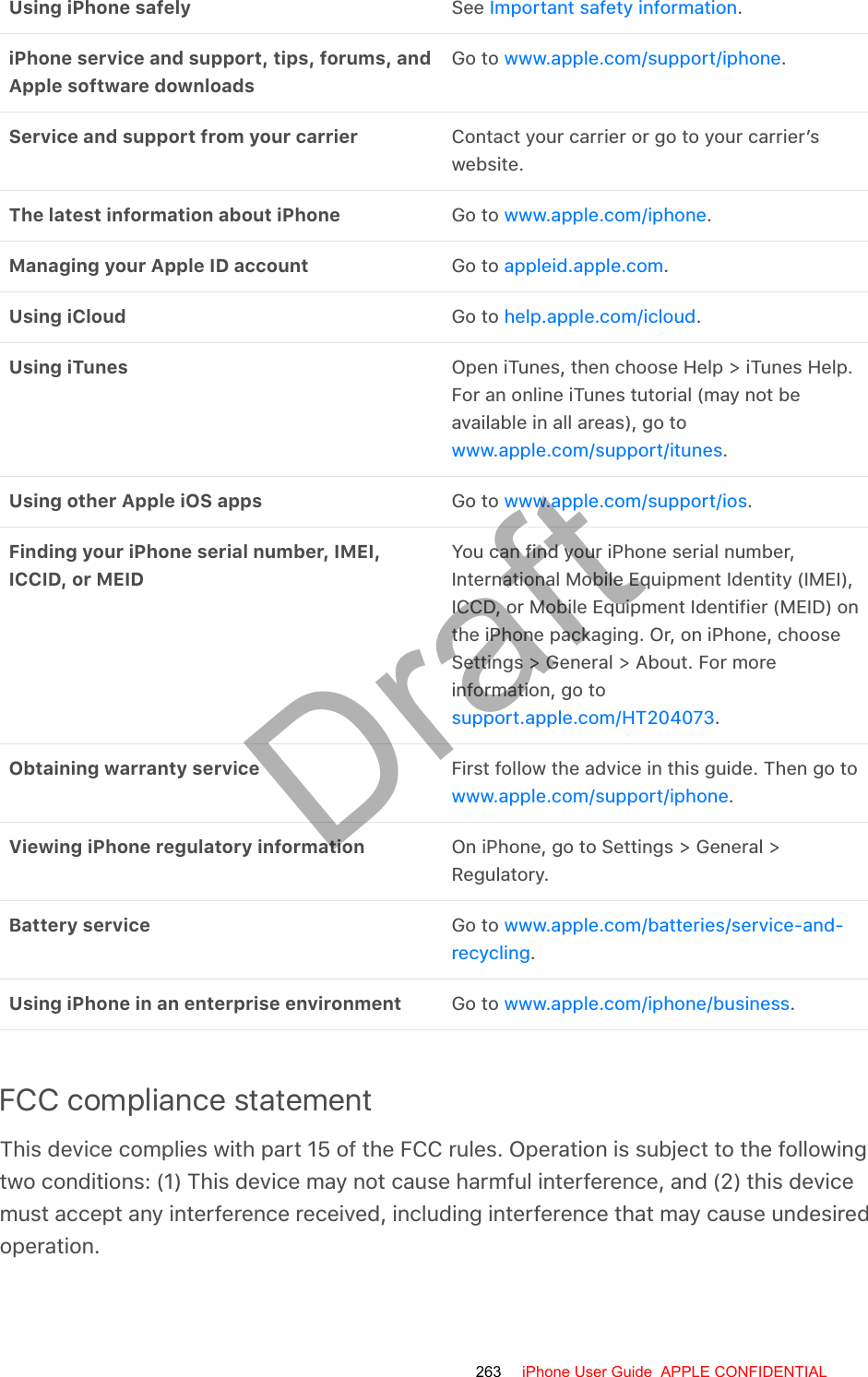 To learn about Do thisUsing iPhone safely See  .iPhone service and support, tips, forums, andApple software downloadsGo to  .Service and support from your carrier Contact your carrier or go to your carrier’swebsite.The latest information about iPhone Go to  .Managing your Apple ID account Go to  .Using iCloud Go to  .Using iTunes Open iTunes, then choose Help &gt; iTunes Help.For an online iTunes tutorial (may not beavailable in all areas), go to.Using other Apple iOS apps Go to  .Finding your iPhone serial number, IMEI,ICCID, or MEIDYou can find your iPhone serial number,International Mobile Equipment Identity (IMEI),ICCD, or Mobile Equipment Identifier (MEID) onthe iPhone packaging. Or, on iPhone, chooseSettings &gt; General &gt; About. For moreinformation, go to.Obtaining warranty service First follow the advice in this guide. Then go to.Viewing iPhone regulatory information On iPhone, go to Settings &gt; General &gt;Regulatory.Battery service Go to .Using iPhone in an enterprise environment Go to  .FCC compliance statementThis device complies with part 15 of the FCC rules. Operation is subject to the followingtwo conditions: (1) This device may not cause harmful interference, and (2) this devicemust accept any interference received, including interference that may cause undesiredoperation.Important safety informationwww.apple.com/support/iphonewww.apple.com/iphoneappleid.apple.comhelp.apple.com/icloudwww.apple.com/support/ituneswww.apple.com/support/iossupport.apple.com/HT204073www.apple.com/support/iphonewww.apple.com/batteries/service-and-recyclingwww.apple.com/iphone/business263 iPhone User Guide  APPLE CONFIDENTIALDraft