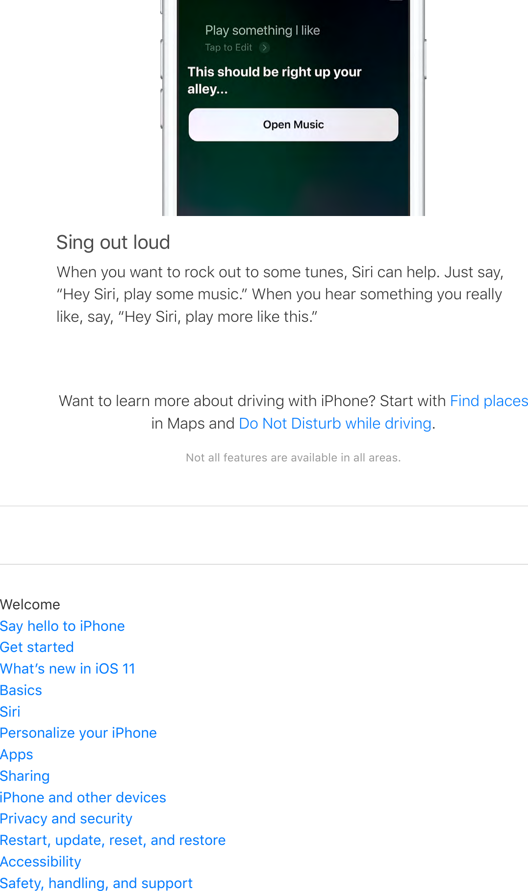 :!%4&apos;$6*&apos;.$6CWhen you want to rock out to some tunes, Siri can help. Just say,“Hey Siri, play some music.” When you hear something you reallylike, say, “Hey Siri, play more like this.”Want to learn more about driving with iPhone? Start with in Maps and  .E$*&apos;-..&apos;7&amp;-*60&amp;,&apos;-0&amp;&apos;-A-!.-F.&amp;&apos;!%&apos;-..&apos;-0&amp;-,GFind placesDo Not Disturb while drivingL&amp;./$9&amp;:-&gt;&apos;#&amp;..$&apos;*$&apos;!&quot;#$%&amp;M&amp;*&apos;,*-0*&amp;CL#-*+,&apos;%&amp;3&apos;!%&apos;!N:&apos;OOP-,!/,:!0!&quot;&amp;0,$%-.!@&amp;&apos;&gt;$60&apos;!&quot;#$%&amp;B;;,:#-0!%4!&quot;#$%&amp;&apos;-%C&apos;$*#&amp;0&apos;C&amp;A!/&amp;,&quot;0!A-/&gt;&apos;-%C&apos;,&amp;/60!*&gt;I&amp;,*-0*Q&apos;6;C-*&amp;Q&apos;0&amp;,&amp;*Q&apos;-%C&apos;0&amp;,*$0&amp;B//&amp;,,!F!.!*&gt;:-7&amp;*&gt;Q&apos;#-%C.!%4Q&apos;-%C&apos;,6;;$0*