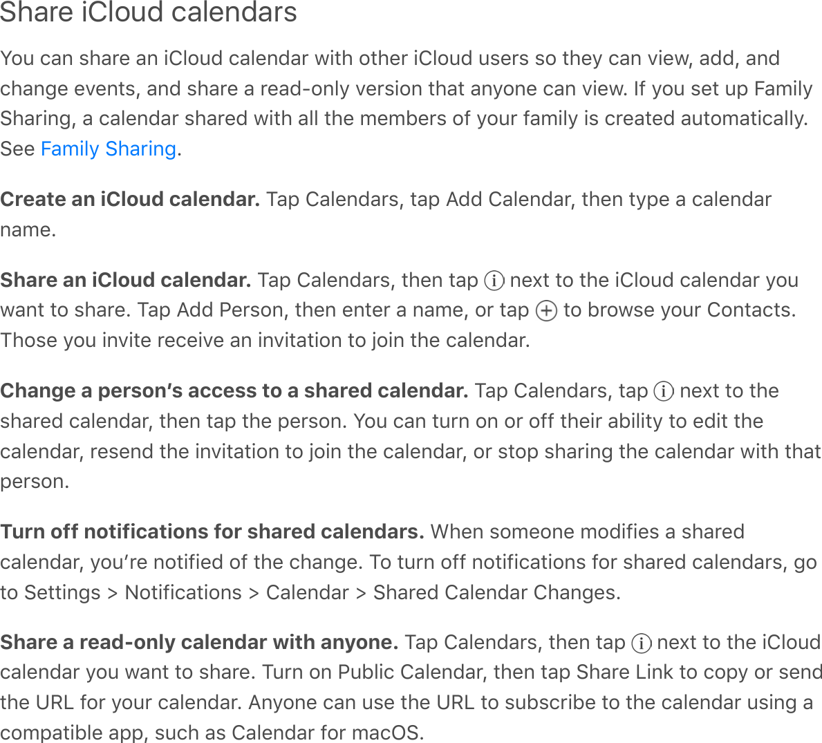 Share iCloud calendarsS$6&apos;/-%&apos;,#-0&amp;&apos;-%&apos;!T.$6C&apos;/-.&amp;%C-0&apos;3!*#&apos;$*#&amp;0&apos;!T.$6C&apos;6,&amp;0,&apos;,$&apos;*#&amp;&gt;&apos;/-%&apos;A!&amp;3Q&apos;-CCQ&apos;-%C/#-%4&amp;&apos;&amp;A&amp;%*,Q&apos;-%C&apos;,#-0&amp;&apos;-&apos;0&amp;-C8$%.&gt;&apos;A&amp;0,!$%&apos;*#-*&apos;-%&gt;$%&amp;&apos;/-%&apos;A!&amp;3G&apos;)7&apos;&gt;$6&apos;,&amp;*&apos;6;&apos;5-9!.&gt;:#-0!%4Q&apos;-&apos;/-.&amp;%C-0&apos;,#-0&amp;C&apos;3!*#&apos;-..&apos;*#&amp;&apos;9&amp;9F&amp;0,&apos;$7&apos;&gt;$60&apos;7-9!.&gt;&apos;!,&apos;/0&amp;-*&amp;C&apos;-6*$9-*!/-..&gt;G:&amp;&amp;&apos; GCreate an iCloud calendar. ?-;&apos;T-.&amp;%C-0,Q&apos;*-;&apos;BCC&apos;T-.&amp;%C-0Q&apos;*#&amp;%&apos;*&gt;;&amp;&apos;-&apos;/-.&amp;%C-0%-9&amp;GShare an iCloud calendar. ?-;&apos;T-.&amp;%C-0,Q&apos;*#&amp;%&apos;*-;&apos; &apos;%&amp;^*&apos;*$&apos;*#&amp;&apos;!T.$6C&apos;/-.&amp;%C-0&apos;&gt;$63-%*&apos;*$&apos;,#-0&amp;G&apos;?-;&apos;BCC&apos;&quot;&amp;0,$%Q&apos;*#&amp;%&apos;&amp;%*&amp;0&apos;-&apos;%-9&amp;Q&apos;$0&apos;*-;&apos; &apos;*$&apos;F0$3,&amp;&apos;&gt;$60&apos;T$%*-/*,G?#$,&amp;&apos;&gt;$6&apos;!%A!*&amp;&apos;0&amp;/&amp;!A&amp;&apos;-%&apos;!%A!*-*!$%&apos;*$&apos;_$!%&apos;*#&amp;&apos;/-.&amp;%C-0GChange a personʼs access to a shared calendar. ?-;&apos;T-.&amp;%C-0,Q&apos;*-;&apos; &apos;%&amp;^*&apos;*$&apos;*#&amp;,#-0&amp;C&apos;/-.&amp;%C-0Q&apos;*#&amp;%&apos;*-;&apos;*#&amp;&apos;;&amp;0,$%G&apos;S$6&apos;/-%&apos;*60%&apos;$%&apos;$0&apos;$77&apos;*#&amp;!0&apos;-F!.!*&gt;&apos;*$&apos;&amp;C!*&apos;*#&amp;/-.&amp;%C-0Q&apos;0&amp;,&amp;%C&apos;*#&amp;&apos;!%A!*-*!$%&apos;*$&apos;_$!%&apos;*#&amp;&apos;/-.&amp;%C-0Q&apos;$0&apos;,*$;&apos;,#-0!%4&apos;*#&amp;&apos;/-.&amp;%C-0&apos;3!*#&apos;*#-*;&amp;0,$%GTurn off notifications for shared calendars. L#&amp;%&apos;,$9&amp;$%&amp;&apos;9$C!7!&amp;,&apos;-&apos;,#-0&amp;C/-.&amp;%C-0Q&apos;&gt;$6+0&amp;&apos;%$*!7!&amp;C&apos;$7&apos;*#&amp;&apos;/#-%4&amp;G&apos;?$&apos;*60%&apos;$77&apos;%$*!7!/-*!$%,&apos;7$0&apos;,#-0&amp;C&apos;/-.&amp;%C-0,Q&apos;4$*$&apos;:&amp;**!%4,&apos;e&apos;E$*!7!/-*!$%,&apos;e&apos;T-.&amp;%C-0&apos;e&apos;:#-0&amp;C&apos;T-.&amp;%C-0&apos;T#-%4&amp;,GShare a read-only calendar with anyone. ?-;&apos;T-.&amp;%C-0,Q&apos;*#&amp;%&apos;*-;&apos; &apos;%&amp;^*&apos;*$&apos;*#&amp;&apos;!T.$6C/-.&amp;%C-0&apos;&gt;$6&apos;3-%*&apos;*$&apos;,#-0&amp;G&apos;?60%&apos;$%&apos;&quot;6F.!/&apos;T-.&amp;%C-0Q&apos;*#&amp;%&apos;*-;&apos;:#-0&amp;&apos;D!%2&apos;*$&apos;/$;&gt;&apos;$0&apos;,&amp;%C*#&amp;&apos;1ID&apos;7$0&apos;&gt;$60&apos;/-.&amp;%C-0G&apos;B%&gt;$%&amp;&apos;/-%&apos;6,&amp;&apos;*#&amp;&apos;1ID&apos;*$&apos;,6F,/0!F&amp;&apos;*$&apos;*#&amp;&apos;/-.&amp;%C-0&apos;6,!%4&apos;-/$9;-*!F.&amp;&apos;-;;Q&apos;,6/#&apos;-,&apos;T-.&amp;%C-0&apos;7$0&apos;9-/N:G5-9!.&gt;&apos;:#-0!%4