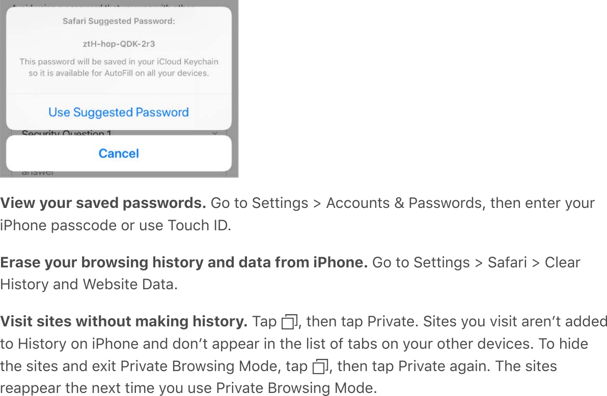 View your saved passwords. Go to Settings &gt; Accounts &amp; Passwords, then enter youriPhone passcode or use Touch ID.Erase your browsing history and data from iPhone. Go to Settings &gt; Safari &gt; ClearHistory and Website Data.Visit sites without making history. Tap  , then tap Private. Sites you visit arenʼt addedto History on iPhone and donʼt appear in the list of tabs on your other devices. To hidethe sites and exit Private Browsing Mode, tap  , then tap Private again. The sitesreappear the next time you use Private Browsing Mode.