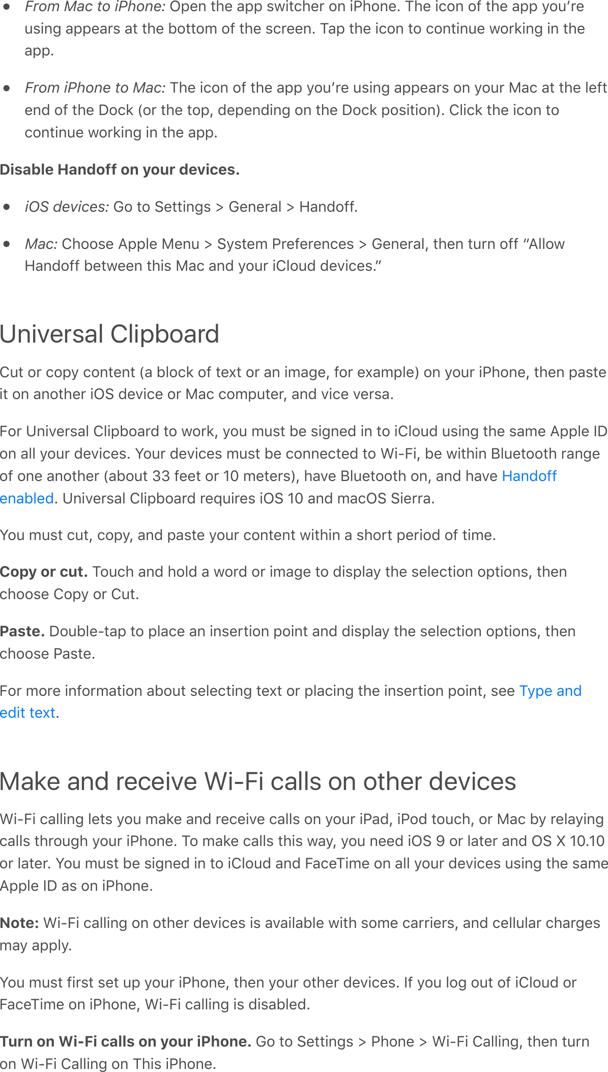 From Mac to iPhone:&apos;N;&amp;%&apos;*#&amp;&apos;-;;&apos;,3!*/#&amp;0&apos;$%&apos;!&quot;#$%&amp;G&apos;?#&amp;&apos;!/$%&apos;$7&apos;*#&amp;&apos;-;;&apos;&gt;$6+0&amp;6,!%4&apos;-;;&amp;-0,&apos;-*&apos;*#&amp;&apos;F$**$9&apos;$7&apos;*#&amp;&apos;,/0&amp;&amp;%G&apos;?-;&apos;*#&amp;&apos;!/$%&apos;*$&apos;/$%*!%6&amp;&apos;3$02!%4&apos;!%&apos;*#&amp;-;;GFrom iPhone to Mac:&apos;?#&amp;&apos;!/$%&apos;$7&apos;*#&amp;&apos;-;;&apos;&gt;$6+0&amp;&apos;6,!%4&apos;-;;&amp;-0,&apos;$%&apos;&gt;$60&apos;H-/&apos;-*&apos;*#&amp;&apos;.&amp;7*&amp;%C&apos;$7&apos;*#&amp;&apos;&lt;$/2&apos;\$0&apos;*#&amp;&apos;*$;Q&apos;C&amp;;&amp;%C!%4&apos;$%&apos;*#&amp;&apos;&lt;$/2&apos;;$,!*!$%]G&apos;T.!/2&apos;*#&amp;&apos;!/$%&apos;*$/$%*!%6&amp;&apos;3$02!%4&apos;!%&apos;*#&amp;&apos;-;;GDisable Handoff on your devices.iOS devices:&apos;M$&apos;*$&apos;:&amp;**!%4,&apos;e&apos;M&amp;%&amp;0-.&apos;e&apos;`-%C$77GMac:&apos;T#$$,&amp;&apos;B;;.&amp;&apos;H&amp;%6&apos;e&apos;:&gt;,*&amp;9&apos;&quot;0&amp;7&amp;0&amp;%/&amp;,&apos;e&apos;M&amp;%&amp;0-.Q&apos;*#&amp;%&apos;*60%&apos;$77&apos;bB..$3`-%C$77&apos;F&amp;*3&amp;&amp;%&apos;*#!,&apos;H-/&apos;-%C&apos;&gt;$60&apos;!T.$6C&apos;C&amp;A!/&amp;,GcUniversal ClipboardT6*&apos;$0&apos;/$;&gt;&apos;/$%*&amp;%*&apos;\-&apos;F.$/2&apos;$7&apos;*&amp;^*&apos;$0&apos;-%&apos;!9-4&amp;Q&apos;7$0&apos;&amp;^-9;.&amp;]&apos;$%&apos;&gt;$60&apos;!&quot;#$%&amp;Q&apos;*#&amp;%&apos;;-,*&amp;!*&apos;$%&apos;-%$*#&amp;0&apos;!N:&apos;C&amp;A!/&amp;&apos;$0&apos;H-/&apos;/$9;6*&amp;0Q&apos;-%C&apos;A!/&amp;&apos;A&amp;0,-G5$0&apos;1%!A&amp;0,-.&apos;T.!;F$-0C&apos;*$&apos;3$02Q&apos;&gt;$6&apos;96,*&apos;F&amp;&apos;,!4%&amp;C&apos;!%&apos;*$&apos;!T.$6C&apos;6,!%4&apos;*#&amp;&apos;,-9&amp;&apos;B;;.&amp;&apos;)&lt;$%&apos;-..&apos;&gt;$60&apos;C&amp;A!/&amp;,G&apos;S$60&apos;C&amp;A!/&amp;,&apos;96,*&apos;F&amp;&apos;/$%%&amp;/*&amp;C&apos;*$&apos;L!85!Q&apos;F&amp;&apos;3!*#!%&apos;P.6&amp;*$$*#&apos;0-%4&amp;$7&apos;$%&amp;&apos;-%$*#&amp;0&apos;\-F$6*&apos;ff&apos;7&amp;&amp;*&apos;$0&apos;Oo&apos;9&amp;*&amp;0,]Q&apos;#-A&amp;&apos;P.6&amp;*$$*#&apos;$%Q&apos;-%C&apos;#-A&amp;&apos;G&apos;1%!A&amp;0,-.&apos;T.!;F$-0C&apos;0&amp;d6!0&amp;,&apos;!N:&apos;Oo&apos;-%C&apos;9-/N:&apos;:!&amp;00-GS$6&apos;96,*&apos;/6*Q&apos;/$;&gt;Q&apos;-%C&apos;;-,*&amp;&apos;&gt;$60&apos;/$%*&amp;%*&apos;3!*#!%&apos;-&apos;,#$0*&apos;;&amp;0!$C&apos;$7&apos;*!9&amp;GCopy or cut. ?$6/#&apos;-%C&apos;#$.C&apos;-&apos;3$0C&apos;$0&apos;!9-4&amp;&apos;*$&apos;C!,;.-&gt;&apos;*#&amp;&apos;,&amp;.&amp;/*!$%&apos;$;*!$%,Q&apos;*#&amp;%/#$$,&amp;&apos;T$;&gt;&apos;$0&apos;T6*GPaste. &lt;$6F.&amp;8*-;&apos;*$&apos;;.-/&amp;&apos;-%&apos;!%,&amp;0*!$%&apos;;$!%*&apos;-%C&apos;C!,;.-&gt;&apos;*#&amp;&apos;,&amp;.&amp;/*!$%&apos;$;*!$%,Q&apos;*#&amp;%/#$$,&amp;&apos;&quot;-,*&amp;G5$0&apos;9$0&amp;&apos;!%7$09-*!$%&apos;-F$6*&apos;,&amp;.&amp;/*!%4&apos;*&amp;^*&apos;$0&apos;;.-/!%4&apos;*#&amp;&apos;!%,&amp;0*!$%&apos;;$!%*Q&apos;,&amp;&amp;&apos;GMake and receive Wi-Fi calls on other devicesL!85!&apos;/-..!%4&apos;.&amp;*,&apos;&gt;$6&apos;9-2&amp;&apos;-%C&apos;0&amp;/&amp;!A&amp;&apos;/-..,&apos;$%&apos;&gt;$60&apos;!&quot;-CQ&apos;!&quot;$C&apos;*$6/#Q&apos;$0&apos;H-/&apos;F&gt;&apos;0&amp;.-&gt;!%4/-..,&apos;*#0$64#&apos;&gt;$60&apos;!&quot;#$%&amp;G&apos;?$&apos;9-2&amp;&apos;/-..,&apos;*#!,&apos;3-&gt;Q&apos;&gt;$6&apos;%&amp;&amp;C&apos;!N:&apos;p&apos;$0&apos;.-*&amp;0&apos;-%C&apos;N:&apos;(&apos;OoGOo$0&apos;.-*&amp;0G&apos;S$6&apos;96,*&apos;F&amp;&apos;,!4%&amp;C&apos;!%&apos;*$&apos;!T.$6C&apos;-%C&apos;5-/&amp;?!9&amp;&apos;$%&apos;-..&apos;&gt;$60&apos;C&amp;A!/&amp;,&apos;6,!%4&apos;*#&amp;&apos;,-9&amp;B;;.&amp;&apos;)&lt;&apos;-,&apos;$%&apos;!&quot;#$%&amp;GNote: L!85!&apos;/-..!%4&apos;$%&apos;$*#&amp;0&apos;C&amp;A!/&amp;,&apos;!,&apos;-A-!.-F.&amp;&apos;3!*#&apos;,$9&amp;&apos;/-00!&amp;0,Q&apos;-%C&apos;/&amp;..6.-0&apos;/#-04&amp;,9-&gt;&apos;-;;.&gt;GS$6&apos;96,*&apos;7!0,*&apos;,&amp;*&apos;6;&apos;&gt;$60&apos;!&quot;#$%&amp;Q&apos;*#&amp;%&apos;&gt;$60&apos;$*#&amp;0&apos;C&amp;A!/&amp;,G&apos;)7&apos;&gt;$6&apos;.$4&apos;$6*&apos;$7&apos;!T.$6C&apos;$05-/&amp;?!9&amp;&apos;$%&apos;!&quot;#$%&amp;Q&apos;L!85!&apos;/-..!%4&apos;!,&apos;C!,-F.&amp;CGTurn on Wi-Fi calls on your iPhone. M$&apos;*$&apos;:&amp;**!%4,&apos;e&apos;&quot;#$%&amp;&apos;e&apos;L!85!&apos;T-..!%4Q&apos;*#&amp;%&apos;*60%$%&apos;L!85!&apos;T-..!%4&apos;$%&apos;?#!,&apos;!&quot;#$%&amp;G`-%C$77&amp;%-F.&amp;C?&gt;;&amp;&apos;-%C&amp;C!*&apos;*&amp;^*