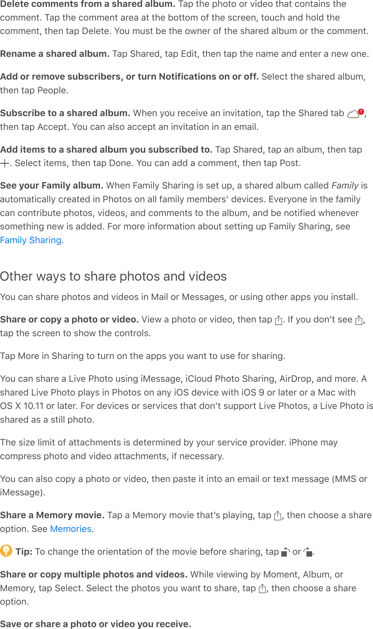 Delete comments from a shared album. ?-;&apos;*#&amp;&apos;;#$*$&apos;$0&apos;A!C&amp;$&apos;*#-*&apos;/$%*-!%,&apos;*#&amp;/$99&amp;%*G&apos;?-;&apos;*#&amp;&apos;/$99&amp;%*&apos;-0&amp;-&apos;-*&apos;*#&amp;&apos;F$**$9&apos;$7&apos;*#&amp;&apos;,/0&amp;&amp;%Q&apos;*$6/#&apos;-%C&apos;#$.C&apos;*#&amp;/$99&amp;%*Q&apos;*#&amp;%&apos;*-;&apos;&lt;&amp;.&amp;*&amp;G&apos;S$6&apos;96,*&apos;F&amp;&apos;*#&amp;&apos;$3%&amp;0&apos;$7&apos;*#&amp;&apos;,#-0&amp;C&apos;-.F69&apos;$0&apos;*#&amp;&apos;/$99&amp;%*GRename a shared album. ?-;&apos;:#-0&amp;CQ&apos;*-;&apos;XC!*Q&apos;*#&amp;%&apos;*-;&apos;*#&amp;&apos;%-9&amp;&apos;-%C&apos;&amp;%*&amp;0&apos;-&apos;%&amp;3&apos;$%&amp;GAdd or remove subscribers, or turn Notifications on or off. :&amp;.&amp;/*&apos;*#&amp;&apos;,#-0&amp;C&apos;-.F69Q*#&amp;%&apos;*-;&apos;&quot;&amp;$;.&amp;GSubscribe to a shared album. L#&amp;%&apos;&gt;$6&apos;0&amp;/&amp;!A&amp;&apos;-%&apos;!%A!*-*!$%Q&apos;*-;&apos;*#&amp;&apos;:#-0&amp;C&apos;*-F&apos; Q*#&amp;%&apos;*-;&apos;B//&amp;;*G&apos;S$6&apos;/-%&apos;-.,$&apos;-//&amp;;*&apos;-%&apos;!%A!*-*!$%&apos;!%&apos;-%&apos;&amp;9-!.GAdd items to a shared album you subscribed to. ?-;&apos;:#-0&amp;CQ&apos;*-;&apos;-%&apos;-.F69Q&apos;*#&amp;%&apos;*-;&apos;G&apos;:&amp;.&amp;/*&apos;!*&amp;9,Q&apos;*#&amp;%&apos;*-;&apos;&lt;$%&amp;G&apos;S$6&apos;/-%&apos;-CC&apos;-&apos;/$99&amp;%*Q&apos;*#&amp;%&apos;*-;&apos;&quot;$,*GSee your Family album. L#&amp;%&apos;5-9!.&gt;&apos;:#-0!%4&apos;!,&apos;,&amp;*&apos;6;Q&apos;-&apos;,#-0&amp;C&apos;-.F69&apos;/-..&amp;C&apos;Family&apos;!,-6*$9-*!/-..&gt;&apos;/0&amp;-*&amp;C&apos;!%&apos;&quot;#$*$,&apos;$%&apos;-..&apos;7-9!.&gt;&apos;9&amp;9F&amp;0,+&apos;C&amp;A!/&amp;,G&apos;XA&amp;0&gt;$%&amp;&apos;!%&apos;*#&amp;&apos;7-9!.&gt;/-%&apos;/$%*0!F6*&amp;&apos;;#$*$,Q&apos;A!C&amp;$,Q&apos;-%C&apos;/$99&amp;%*,&apos;*$&apos;*#&amp;&apos;-.F69Q&apos;-%C&apos;F&amp;&apos;%$*!7!&amp;C&apos;3#&amp;%&amp;A&amp;0,$9&amp;*#!%4&apos;%&amp;3&apos;!,&apos;-CC&amp;CG&apos;5$0&apos;9$0&amp;&apos;!%7$09-*!$%&apos;-F$6*&apos;,&amp;**!%4&apos;6;&apos;5-9!.&gt;&apos;:#-0!%4Q&apos;,&amp;&amp;GOther ways to share photos and videosS$6&apos;/-%&apos;,#-0&amp;&apos;;#$*$,&apos;-%C&apos;A!C&amp;$,&apos;!%&apos;H-!.&apos;$0&apos;H&amp;,,-4&amp;,Q&apos;$0&apos;6,!%4&apos;$*#&amp;0&apos;-;;,&apos;&gt;$6&apos;!%,*-..GShare or copy a photo or video. Z!&amp;3&apos;-&apos;;#$*$&apos;$0&apos;A!C&amp;$Q&apos;*#&amp;%&apos;*-;&apos; G&apos;)7&apos;&gt;$6&apos;C$%+*&apos;,&amp;&amp;&apos; Q*-;&apos;*#&amp;&apos;,/0&amp;&amp;%&apos;*$&apos;,#$3&apos;*#&amp;&apos;/$%*0$.,G?-;&apos;H$0&amp;&apos;!%&apos;:#-0!%4&apos;*$&apos;*60%&apos;$%&apos;*#&amp;&apos;-;;,&apos;&gt;$6&apos;3-%*&apos;*$&apos;6,&amp;&apos;7$0&apos;,#-0!%4GS$6&apos;/-%&apos;,#-0&amp;&apos;-&apos;D!A&amp;&apos;&quot;#$*$&apos;6,!%4&apos;!H&amp;,,-4&amp;Q&apos;!T.$6C&apos;&quot;#$*$&apos;:#-0!%4Q&apos;B!0&lt;0$;Q&apos;-%C&apos;9$0&amp;G&apos;B,#-0&amp;C&apos;D!A&amp;&apos;&quot;#$*$&apos;;.-&gt;,&apos;!%&apos;&quot;#$*$,&apos;$%&apos;-%&gt;&apos;!N:&apos;C&amp;A!/&amp;&apos;3!*#&apos;!N:&apos;p&apos;$0&apos;.-*&amp;0&apos;$0&apos;-&apos;H-/&apos;3!*#N:&apos;(&apos;OoGOO&apos;$0&apos;.-*&amp;0G&apos;5$0&apos;C&amp;A!/&amp;,&apos;$0&apos;,&amp;0A!/&amp;,&apos;*#-*&apos;C$%+*&apos;,6;;$0*&apos;D!A&amp;&apos;&quot;#$*$,Q&apos;-&apos;D!A&amp;&apos;&quot;#$*$&apos;!,,#-0&amp;C&apos;-,&apos;-&apos;,*!..&apos;;#$*$G?#&amp;&apos;,!@&amp;&apos;.!9!*&apos;$7&apos;-**-/#9&amp;%*,&apos;!,&apos;C&amp;*&amp;09!%&amp;C&apos;F&gt;&apos;&gt;$60&apos;,&amp;0A!/&amp;&apos;;0$A!C&amp;0G&apos;!&quot;#$%&amp;&apos;9-&gt;/$9;0&amp;,,&apos;;#$*$&apos;-%C&apos;A!C&amp;$&apos;-**-/#9&amp;%*,Q&apos;!7&apos;%&amp;/&amp;,,-0&gt;GS$6&apos;/-%&apos;-.,$&apos;/$;&gt;&apos;-&apos;;#$*$&apos;$0&apos;A!C&amp;$Q&apos;*#&amp;%&apos;;-,*&amp;&apos;!*&apos;!%*$&apos;-%&apos;&amp;9-!.&apos;$0&apos;*&amp;^*&apos;9&amp;,,-4&amp;&apos;\HH:&apos;$0!H&amp;,,-4&amp;]GShare a Memory movie. ?-;&apos;-&apos;H&amp;9$0&gt;&apos;9$A!&amp;&apos;*#-*+,&apos;;.-&gt;!%4Q&apos;*-;&apos; Q&apos;*#&amp;%&apos;/#$$,&amp;&apos;-&apos;,#-0&amp;$;*!$%G&apos;:&amp;&amp;&apos; GTip: ?$&apos;/#-%4&amp;&apos;*#&amp;&apos;$0!&amp;%*-*!$%&apos;$7&apos;*#&amp;&apos;9$A!&amp;&apos;F&amp;7$0&amp;&apos;,#-0!%4Q&apos;*-;&apos; &apos;$0&apos; GShare or copy multiple photos and videos. L#!.&amp;&apos;A!&amp;3!%4&apos;F&gt;&apos;H$9&amp;%*Q&apos;B.F69Q&apos;$0H&amp;9$0&gt;Q&apos;*-;&apos;:&amp;.&amp;/*G&apos;:&amp;.&amp;/*&apos;*#&amp;&apos;;#$*$,&apos;&gt;$6&apos;3-%*&apos;*$&apos;,#-0&amp;Q&apos;*-;&apos; Q&apos;*#&amp;%&apos;/#$$,&amp;&apos;-&apos;,#-0&amp;$;*!$%GSave or share a photo or video you receive.5-9!.&gt;&apos;:#-0!%4H&amp;9$0!&amp;,