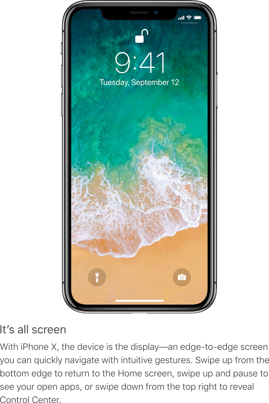 )*+,&apos;-..&apos;,/0&amp;&amp;%With iPhone X, the device is the display—an edge-to-edge screenyou can quickly navigate with intuitive gestures. Swipe up from thebottom edge to return to the Home screen, swipe up and pause tosee your open apps, or swipe down from the top right to revealControl Center.