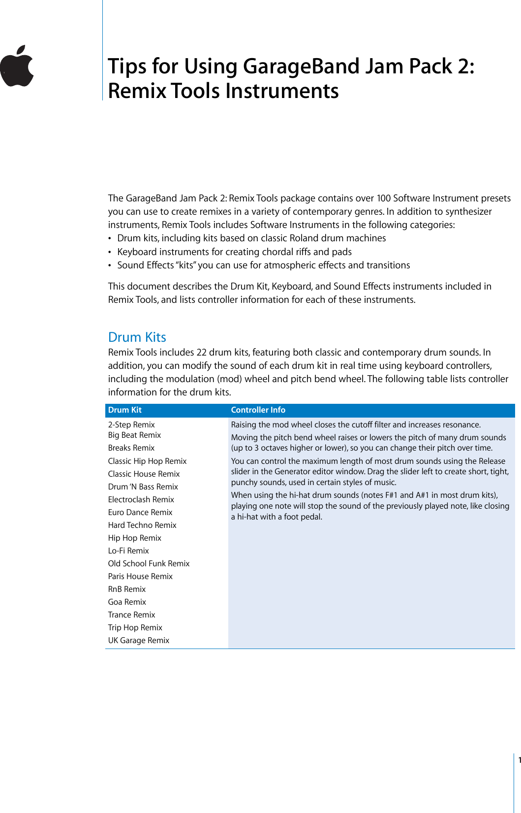 Page 1 of 4 - Apple Jam Pack GarageBand 2 User Manual Garage Band 2: Remix Tools Tips (Manual)