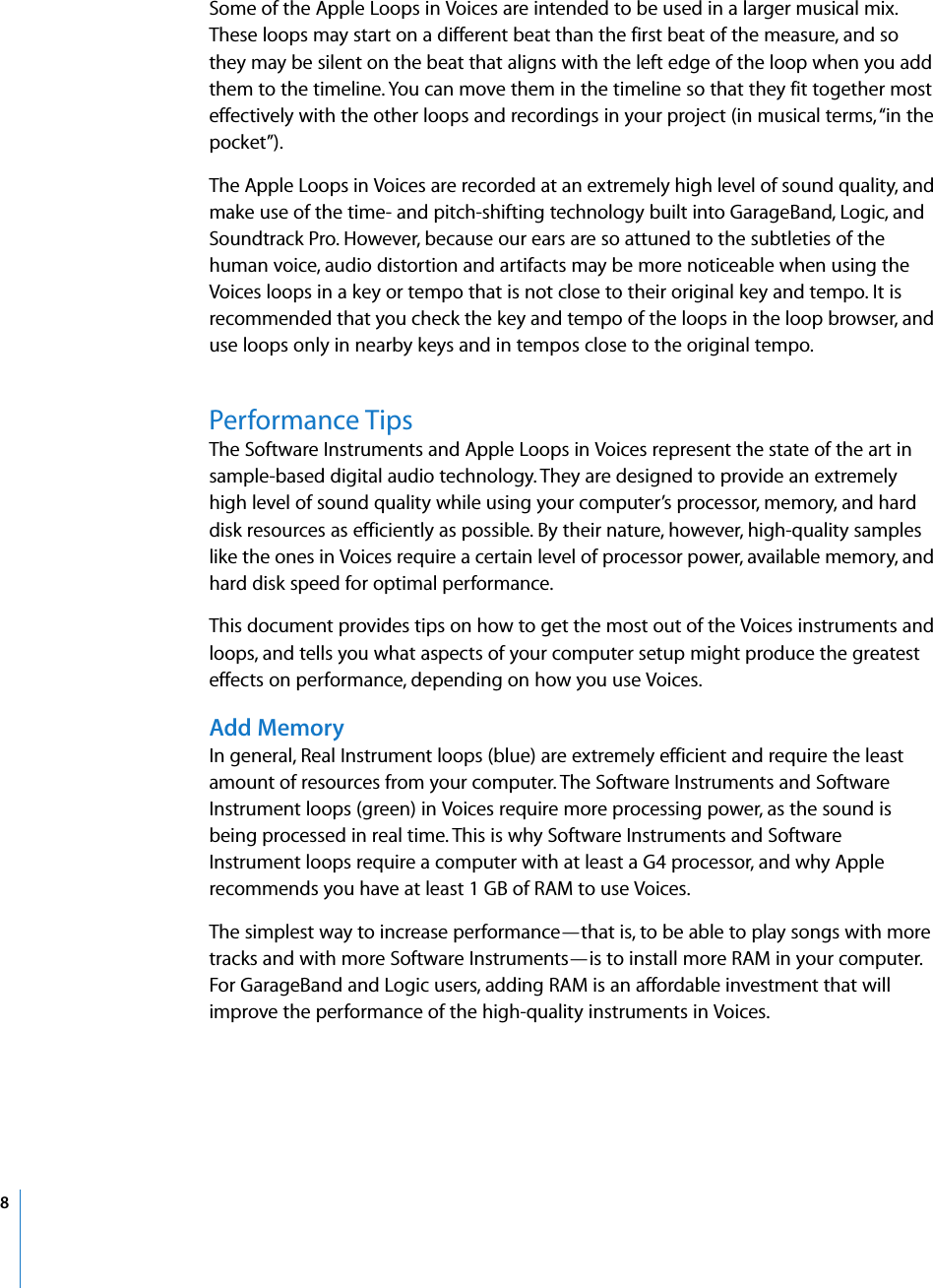 Page 8 of 9 - Apple Jam Pack Using The Instruments And Loops In GarageBand User Manual Garage Band Pack: Voices