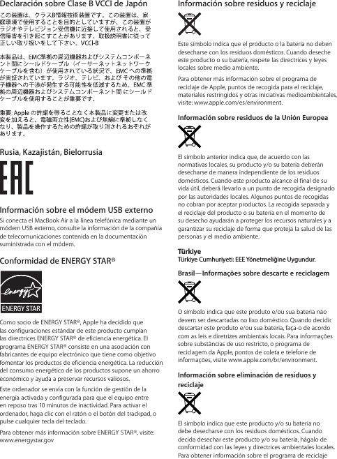 Page 8 of 12 - Apple MacBook Air (11 Pulgadas, Principios De 2014) User Manual Mac Book (principios - Guía Información Importante Del Producto Air-early-2014-product Info Y