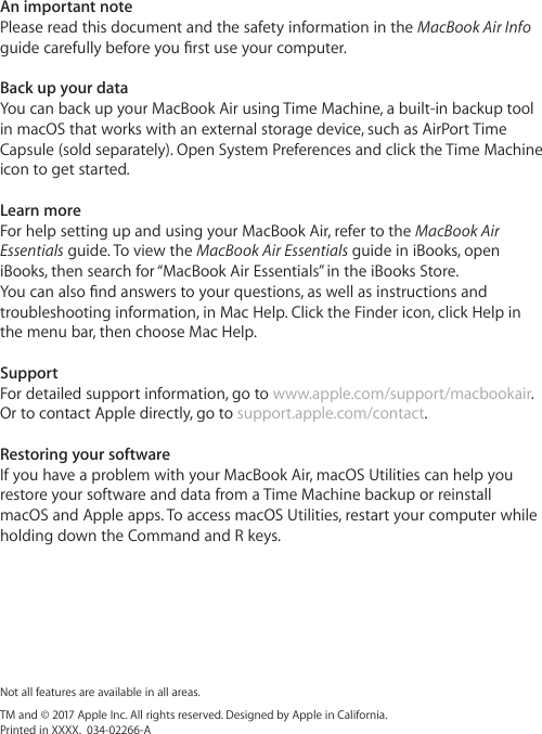 Page 6 of 6 - Apple MacBook Air (13-inch, 2017) User Manual Mac Book - Quick Start Macbook-air-13-2017-qs