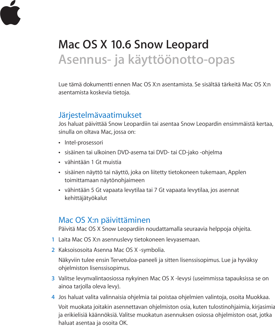 Apple Mac OS X  Asennusohjeet User Manual  Snow Leopard Asennus Ja  Käyttöönotto opas