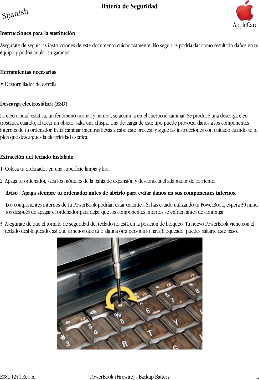 Page 1 of 3 - Apple PowerBook (FireWire) Backup Battery User Manual Power Book G3 (Fire Wire) - Batería De Seguridad Instrucciones Para La Sustitución Pbfw-bat-cip