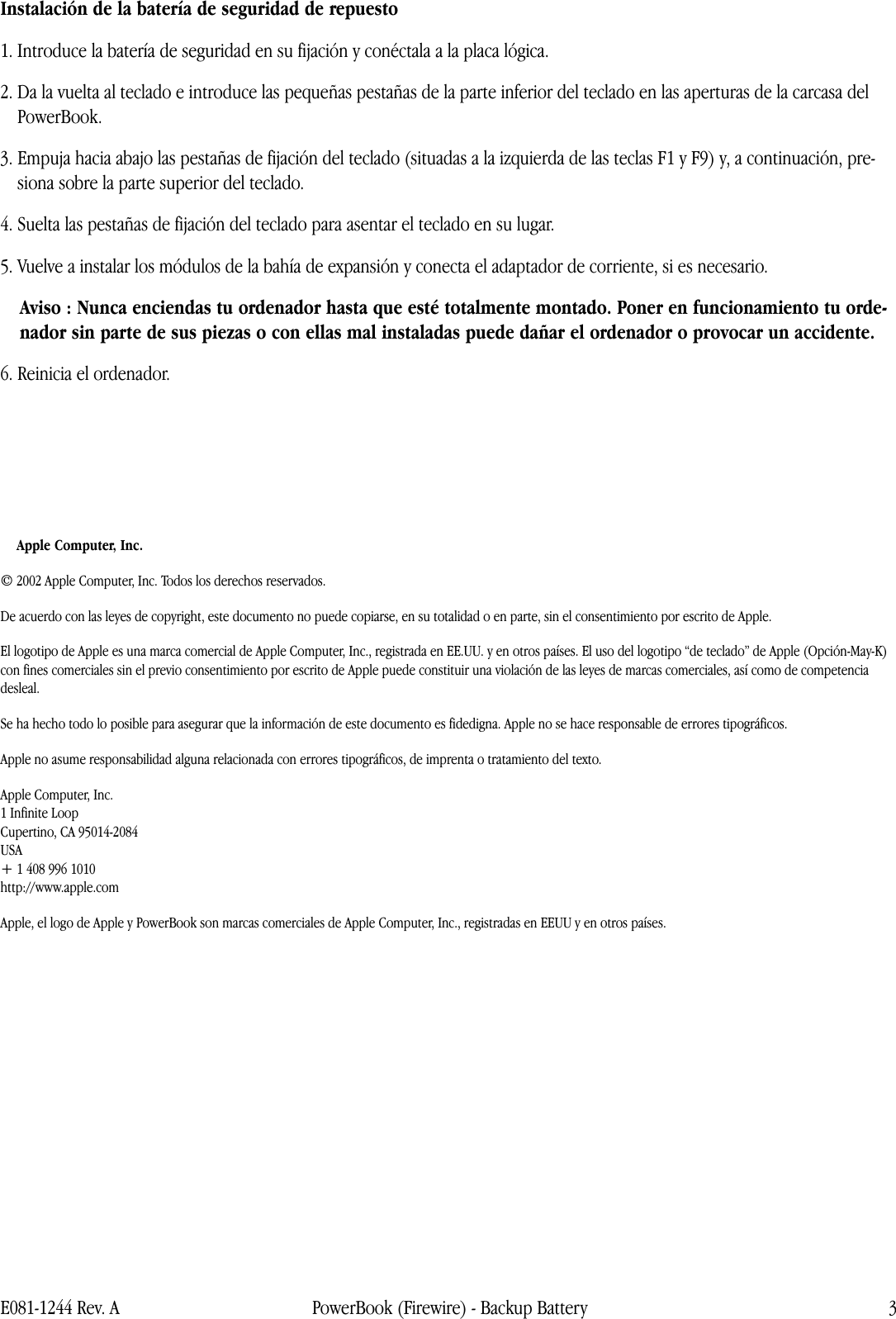 Page 3 of 3 - Apple PowerBook (FireWire) Backup Battery User Manual Power Book G3 (Fire Wire) - Batería De Seguridad Instrucciones Para La Sustitución Pbfw-bat-cip