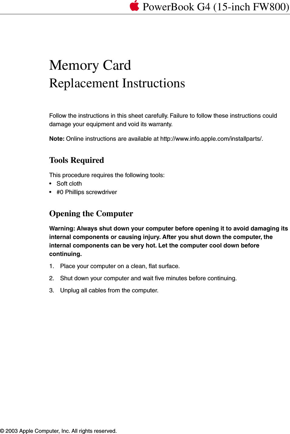 Page 1 of 9 - Apple PowerBook G4 (15-inch FW800) User Manual Power Book (15-inch, Fire Wire 800) - Memory Card Replacement Instructions Pbg4 15fw800 Mem