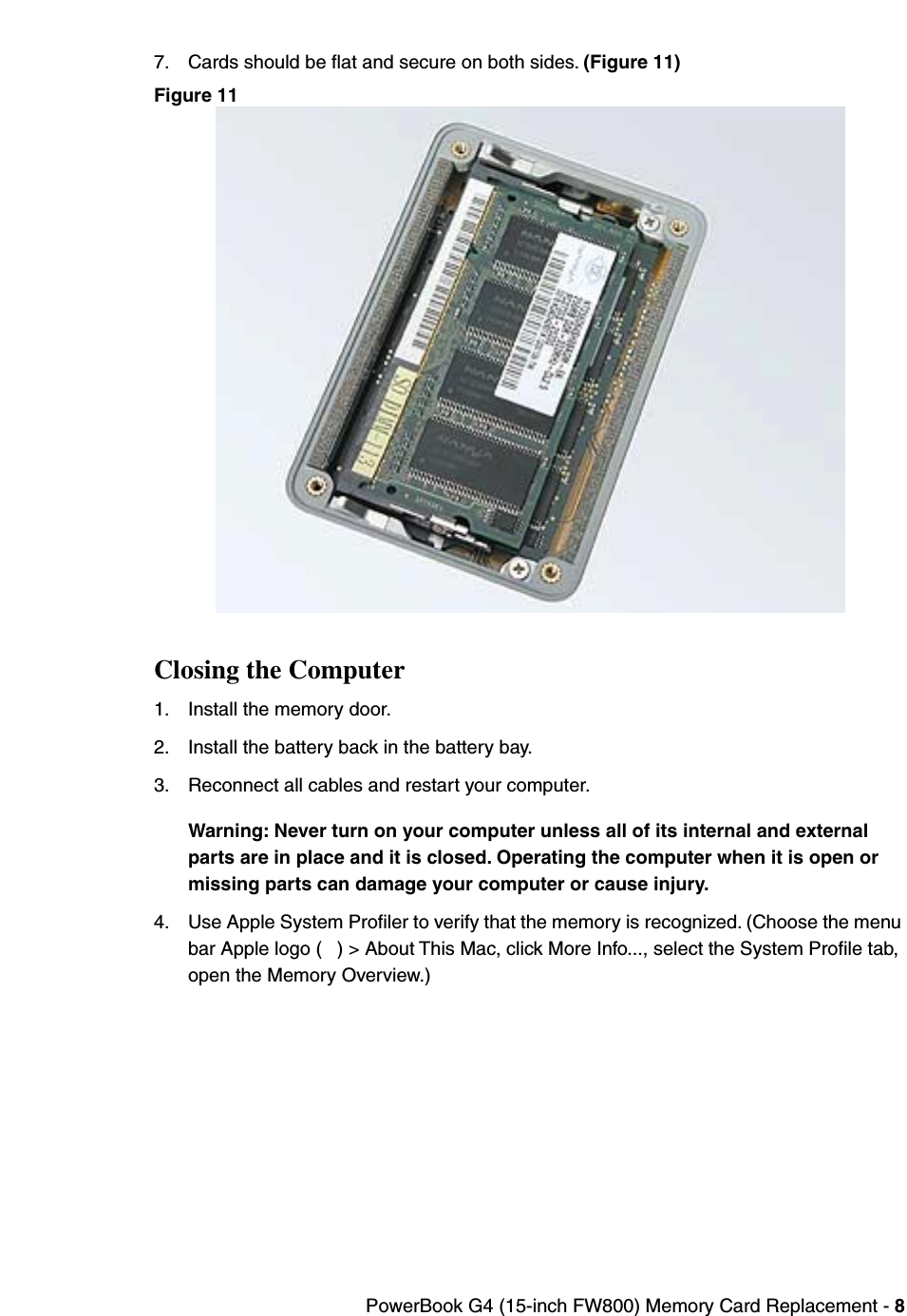 Page 8 of 9 - Apple PowerBook G4 (15-inch FW800) User Manual Power Book (15-inch, Fire Wire 800) - Memory Card Replacement Instructions Pbg4 15fw800 Mem