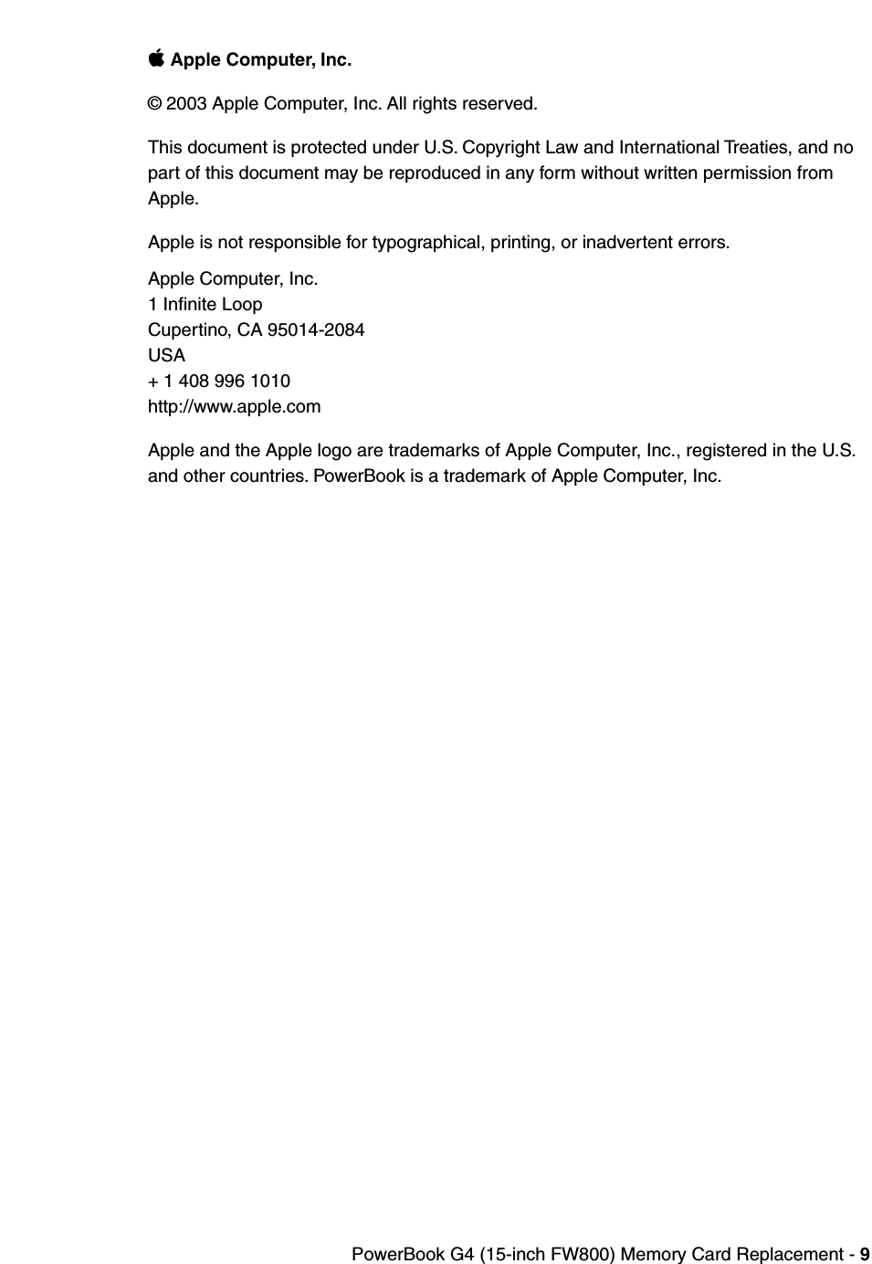 Page 9 of 9 - Apple PowerBook G4 (15-inch FW800) User Manual Power Book (15-inch, Fire Wire 800) - Memory Card Replacement Instructions Pbg4 15fw800 Mem