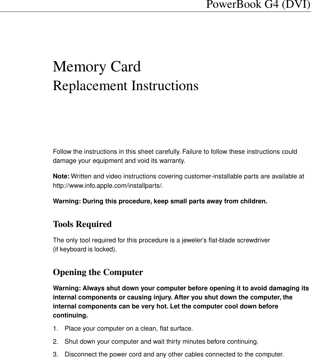 Page 1 of 7 - Apple PowerBook G4 (DVI) User Manual Power Book And (1GHz/867MHz) - Memory Card Replacement Instructions Pbg4dvi-mem-cip