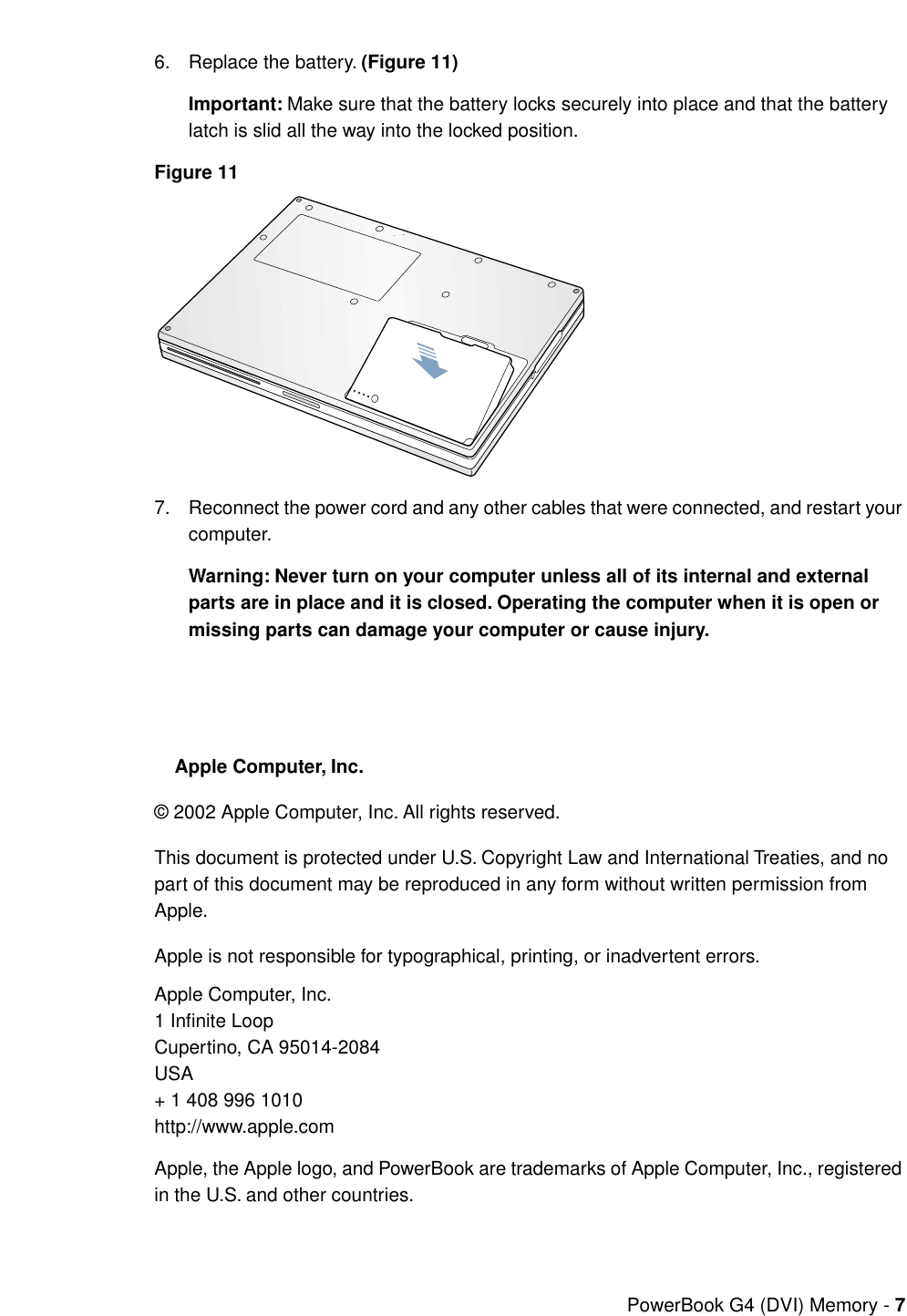 Page 7 of 7 - Apple PowerBook G4 (DVI) User Manual Power Book And (1GHz/867MHz) - Memory Card Replacement Instructions Pbg4dvi-mem-cip