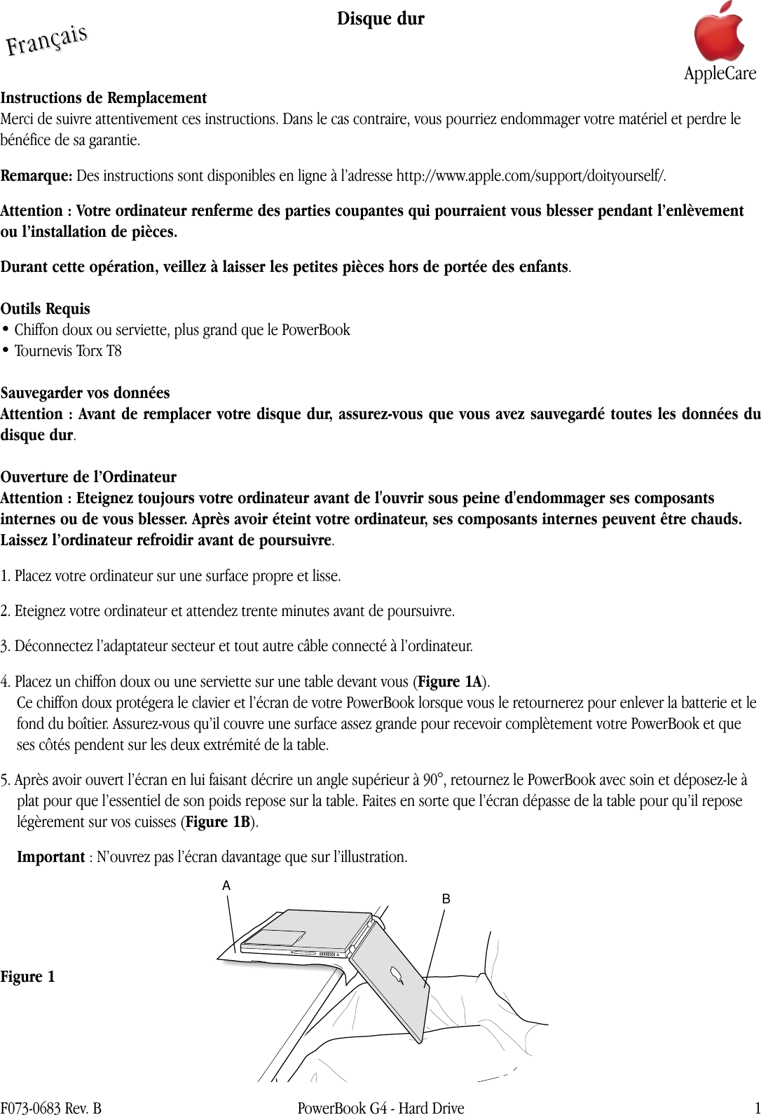 Page 1 of 8 - Apple PowerBook G4 (DVI) Hard Drive User Manual Power Book G4 (DVI, 1GHz/867MHz) - Disque Dur Instructions De Remplacement Pbg4dvi-hd-cip