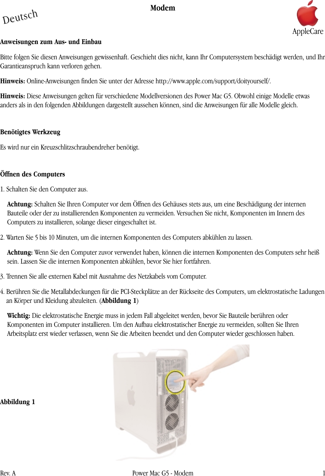 Page 1 of 5 - Apple Power Mac G5 (Late 2004) Modem (DIY) User Manual (Ende - Anweisungen Zum Austauschen Soft
