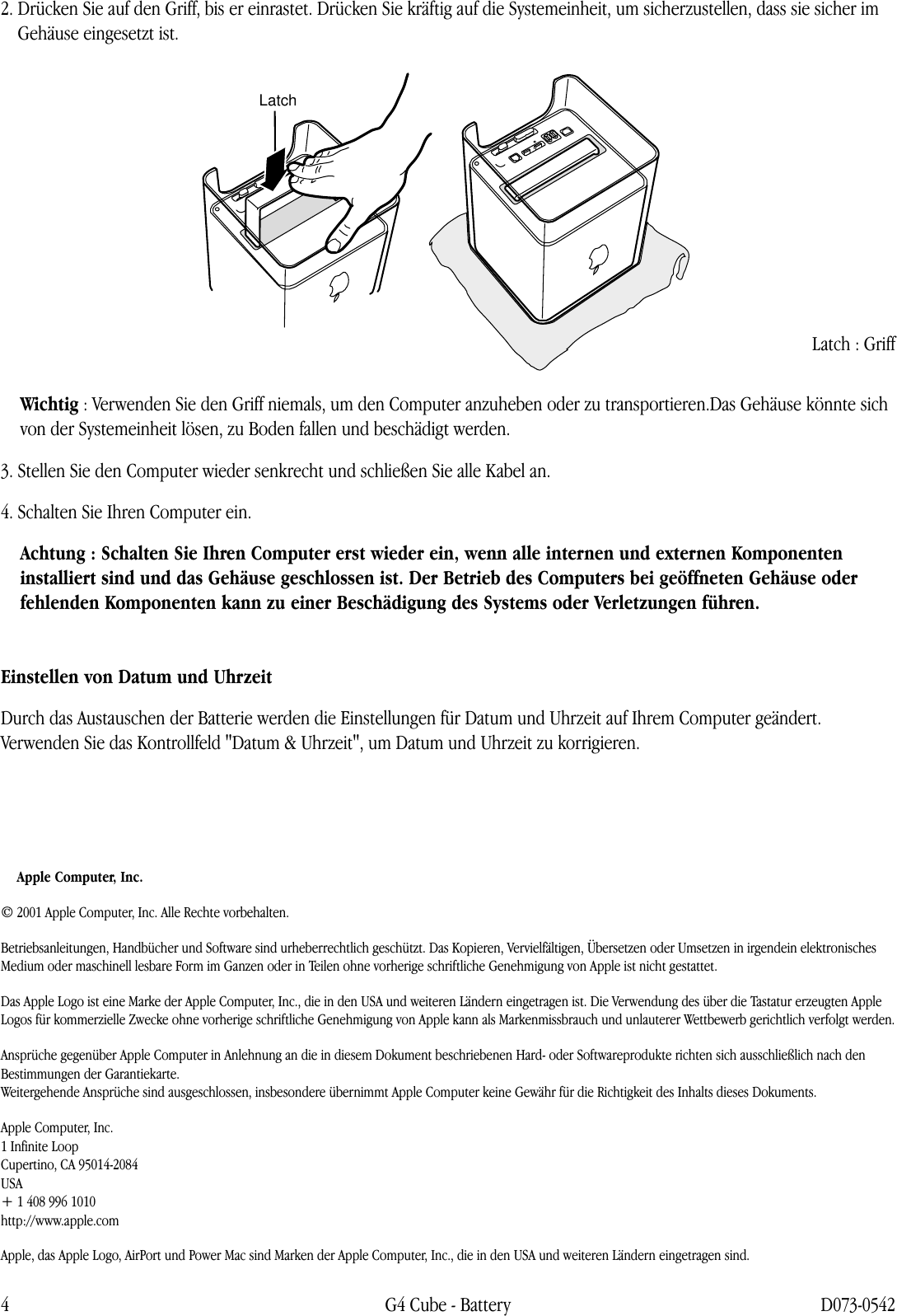 Page 4 of 4 - Apple Power Mac G4 (Cube) Battery User Manual - Batterie Installationsanweisungen Battery.cube
