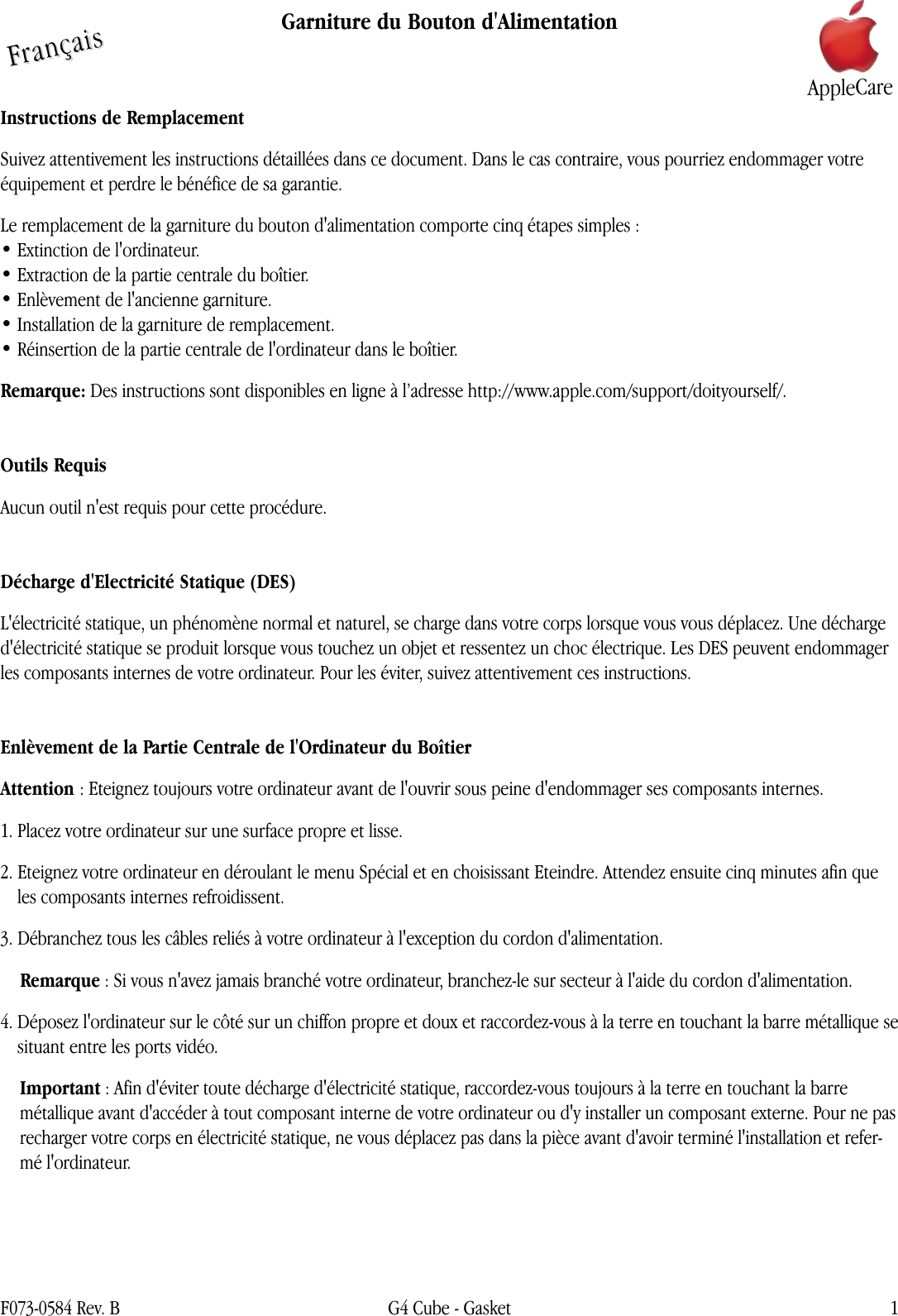 Page 1 of 4 - Apple Power Mac G4(Cube) Gasket User Manual Power Mac G4(Cube)-Garnituredu Boutond\'Alimentation-Instructionsde Remplacement Gasket.cube