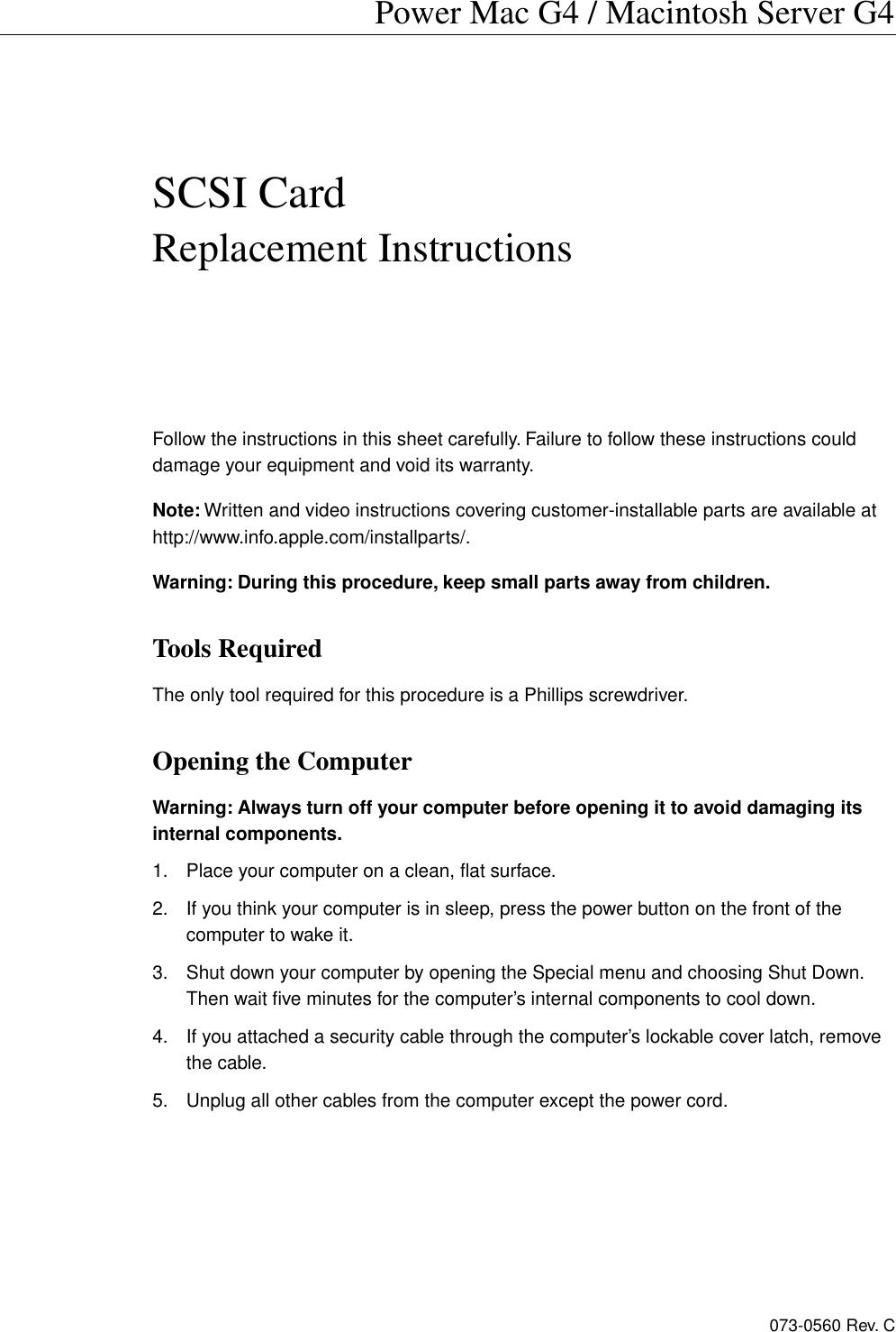 Page 1 of 4 - Apple Power Mac G4 (Digital Audio) User Manual And Macintosh Server - SCSI Card Replacement Instructions G4mdd-scsicard