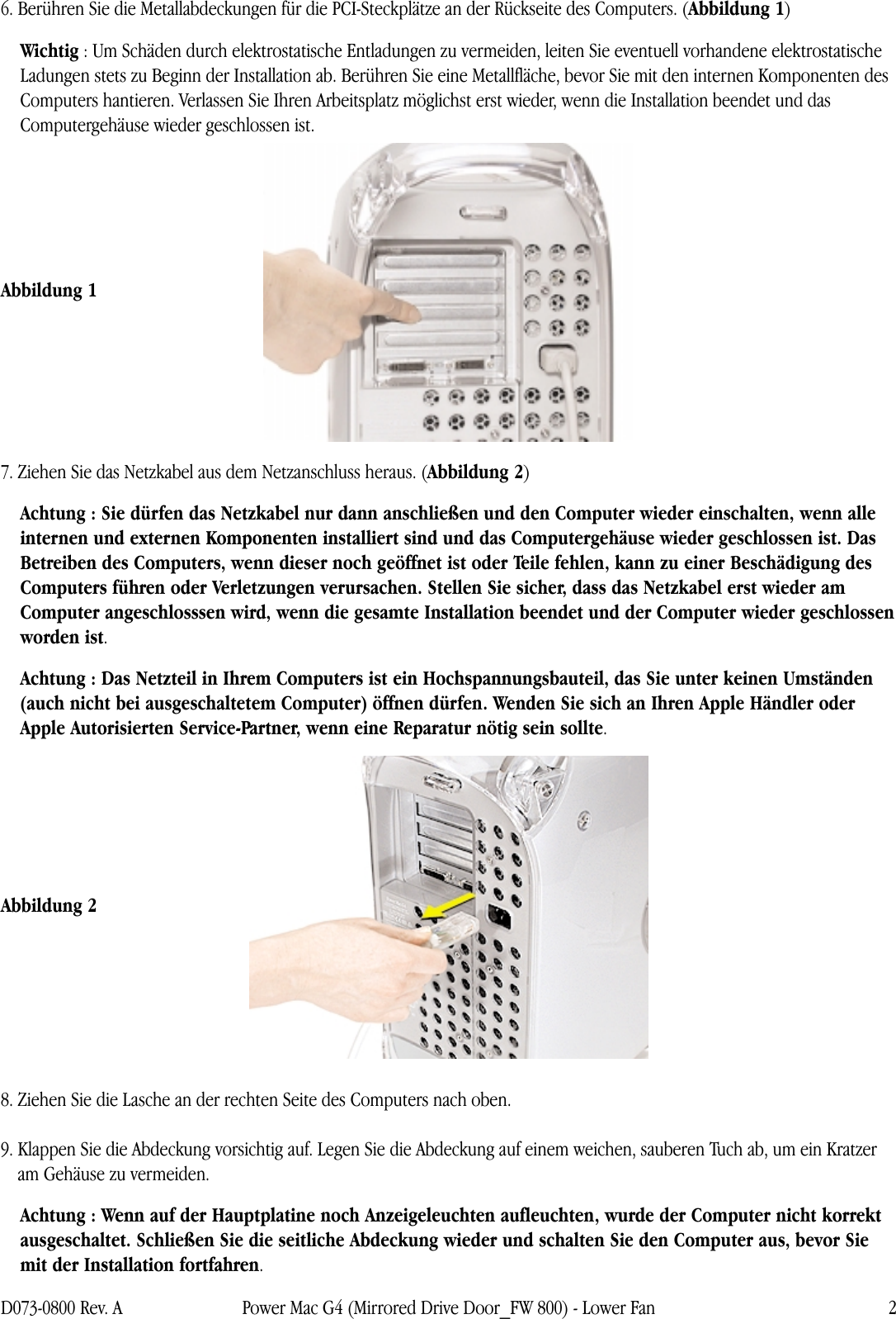 Page 2 of 10 - Apple Power Mac G4 (Mirrored Drive Doors) Lower Fan User Manual Doors, Fire Wire 800) - Unterer Ventilator Anw Anweisungen Zum Aus- Und Einbau G4mdd-fw800-lowerfan