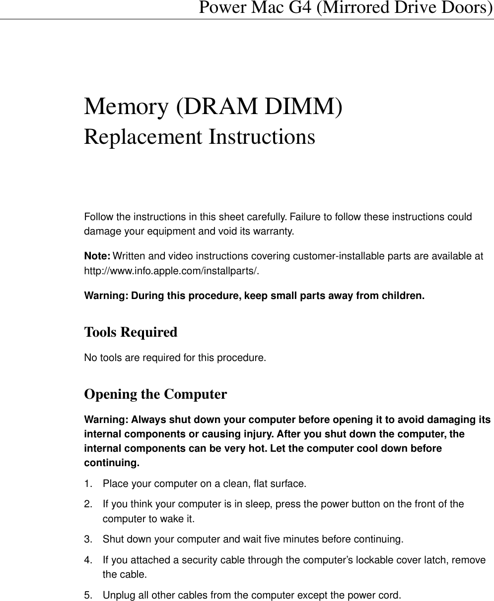 Page 1 of 4 - Apple Power Mac G4 (QuickSilver 2002) User Manual (Mirrored Drive Doors) - Memory (DRAM DIMM) Replacement Instructions G4mdd-mem-inbox