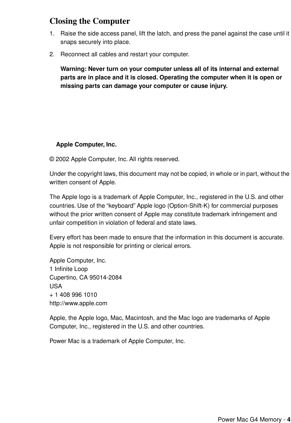 Page 4 of 4 - Apple Power Mac G4 (QuickSilver 2002) User Manual (Mirrored Drive Doors) - Memory (DRAM DIMM) Replacement Instructions G4mdd-mem-inbox