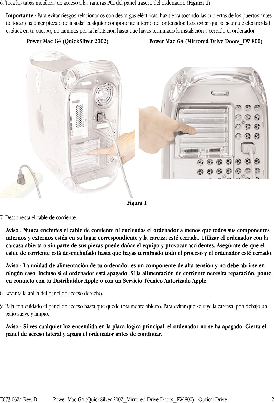 Page 2 of 10 - Apple Power Mac G4 (QuickSilver 2002) Optical Drive User Manual Y Macintosh Server - Unidad óptica Instrucciones Para La Sustitución G4mdd-fw800-opdrv