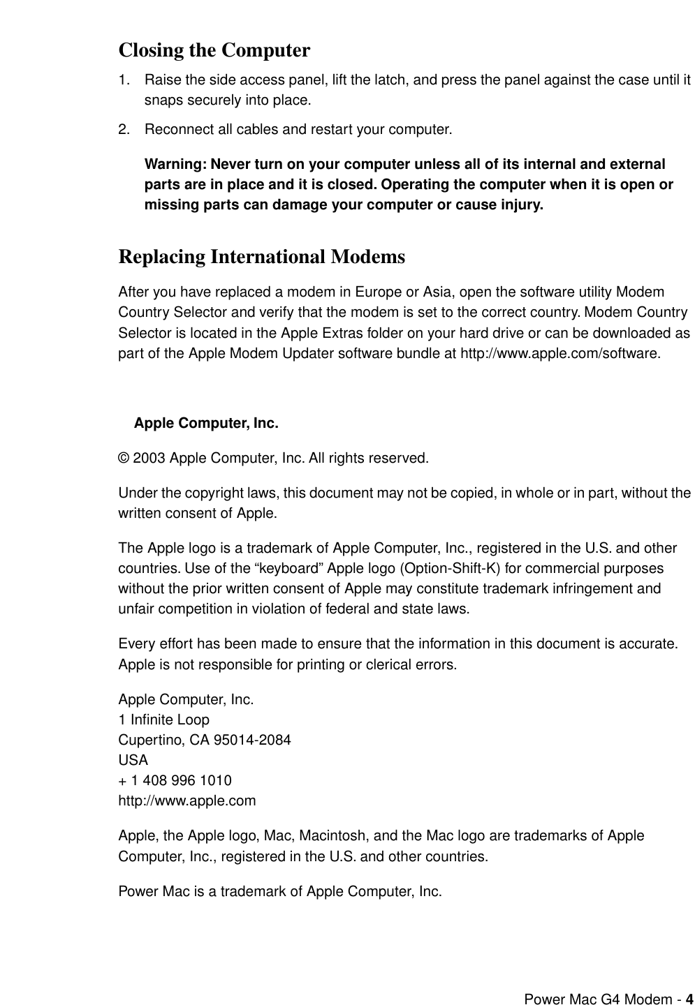 Page 4 of 4 - Apple Power Mac G4 (QuickSilver 2002) User Manual And Macintosh Server - Modem Replacement Instructions G4mdd-fw800-modem