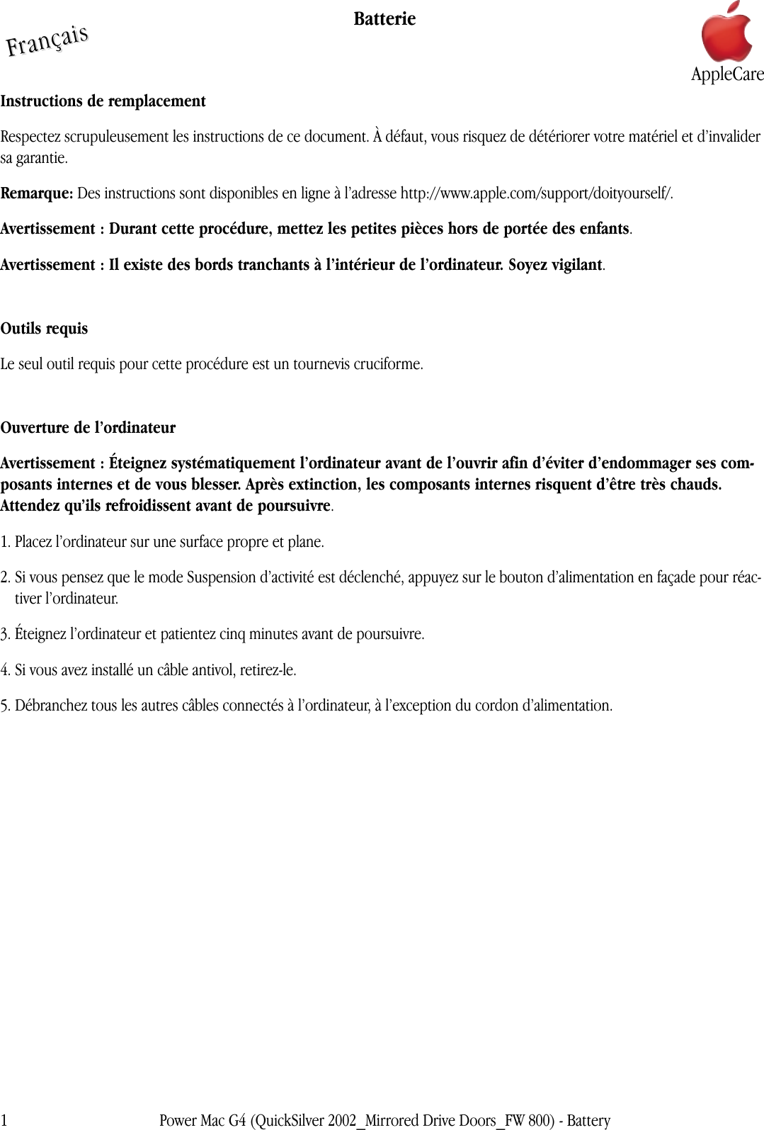 Page 1 of 5 - Apple Power Mac G4(portesdelecteurmiroirs) Battery User Manual Power Mac G4(Quick Silver2002,portesdelecteurmiroirs,Fire Wire800)-Batterie-Instructionsderemplacement G4mdd-fw800-battery