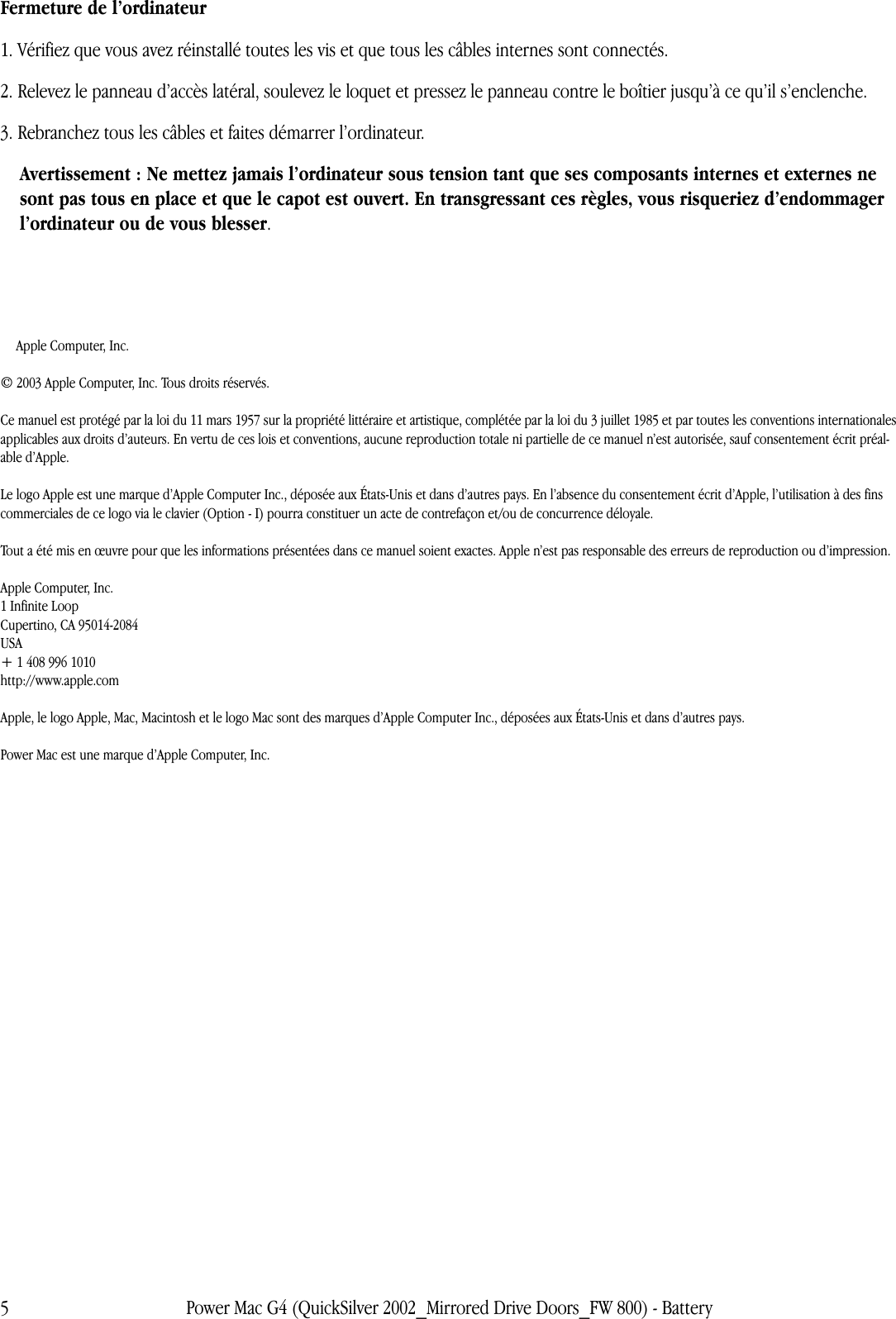 Page 5 of 5 - Apple Power Mac G4(portesdelecteurmiroirs) Battery User Manual Power Mac G4(Quick Silver2002,portesdelecteurmiroirs,Fire Wire800)-Batterie-Instructionsderemplacement G4mdd-fw800-battery