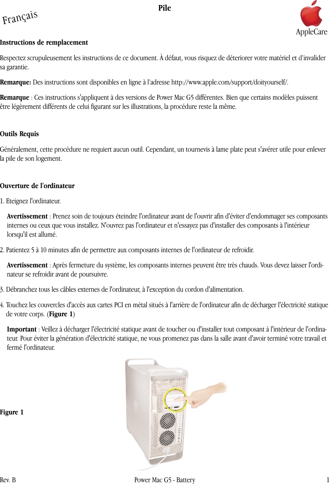 Page 1 of 4 - Apple Power Mac G5 PM G5 (G5_Ju 04_Early 05) Battery (DIY) User Manual Power Mac G5-Pile-Instructionsderemplacement B