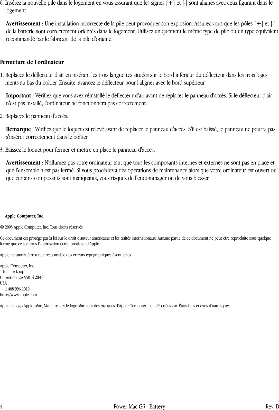 Page 4 of 4 - Apple Power Mac G5 PM G5 (G5_Ju 04_Early 05) Battery (DIY) User Manual Power Mac G5-Pile-Instructionsderemplacement B