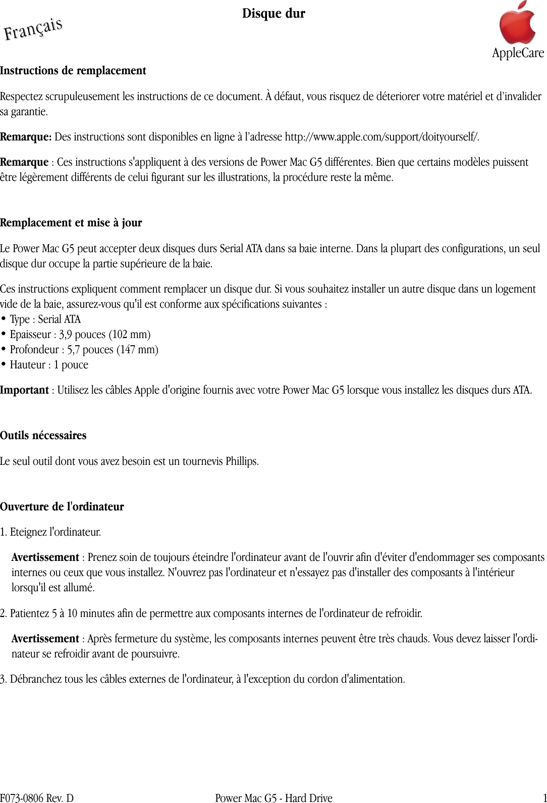 Page 1 of 6 - Apple Power Mac G5(fin 2004) PM G5 (G5_Ju 04_Late 04_Early 05) Hard Drive (DIY) User Manual Power Mac G5(juniode2004,fin2004,début2005)-Disquedur-Instructionsderemplacement 073-0806