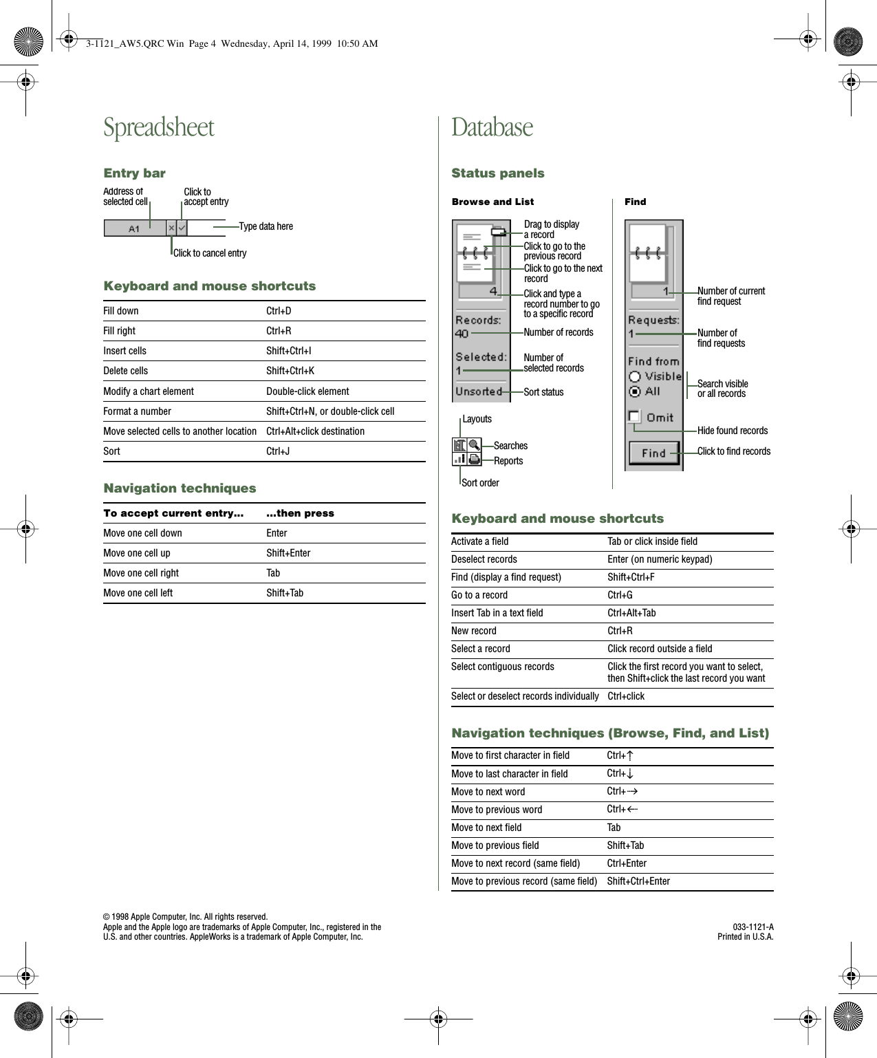 Page 4 of 4 - Apple Productivity Software AppleWorks 5 Quick Reference User Manual Works Reference: For Windows 95/NT 4.0 (Manual) Appleworks5WIN