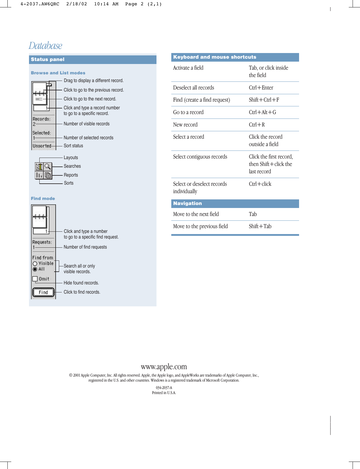 Page 6 of 6 - Apple Productivity Software AppleWorks 6 For Windows User Manual Works Windows: Quick Reference Appleworks6WIN