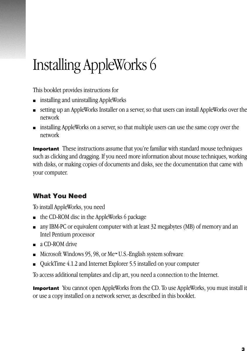 Page 3 of 12 - Apple Productivity Software AppleWorks 6 For Windows User Manual Works Windows: Installing Appleworks6WIN Installation