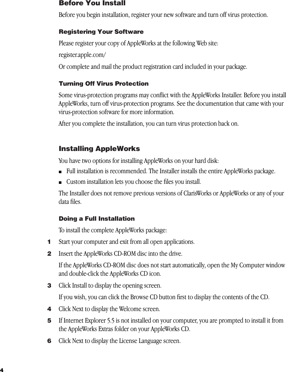 Page 4 of 12 - Apple Productivity Software AppleWorks 6 For Windows User Manual Works Windows: Installing Appleworks6WIN Installation